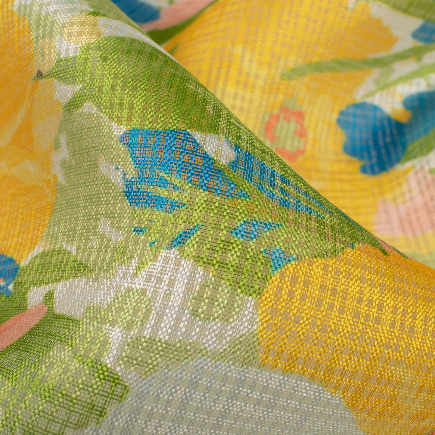 Mustard Yellow And Baby Pink Floral Pattern Digital Print Kota Doria Fabric