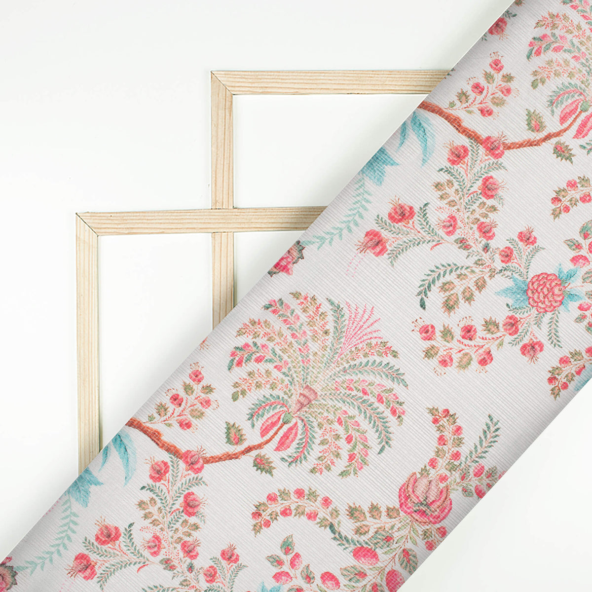 White And Pink Floral Pattern Digital Print Kota Doria Fabric