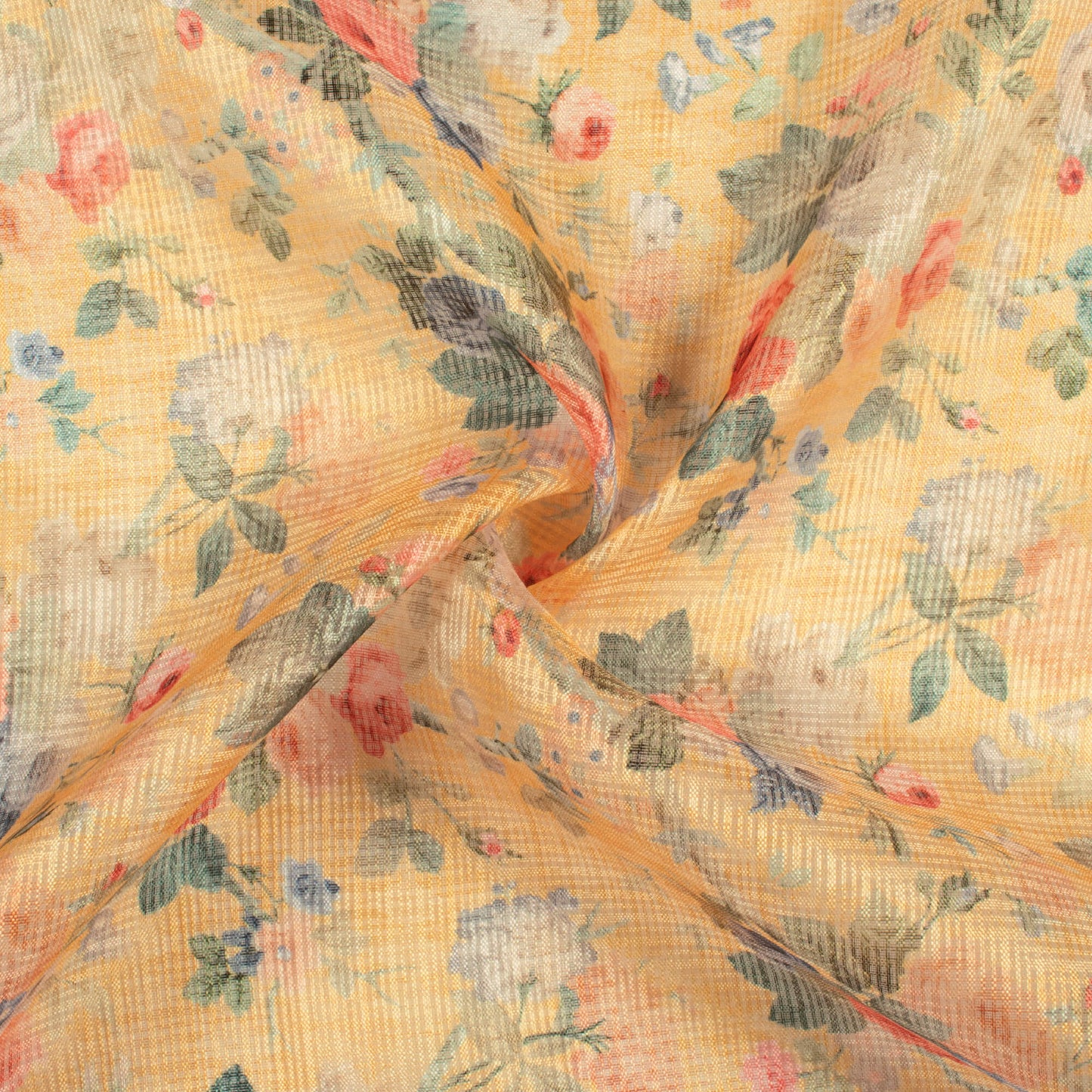 Mustard Yellow And Red Floral Pattern Digital Print Kota Doria Fabric