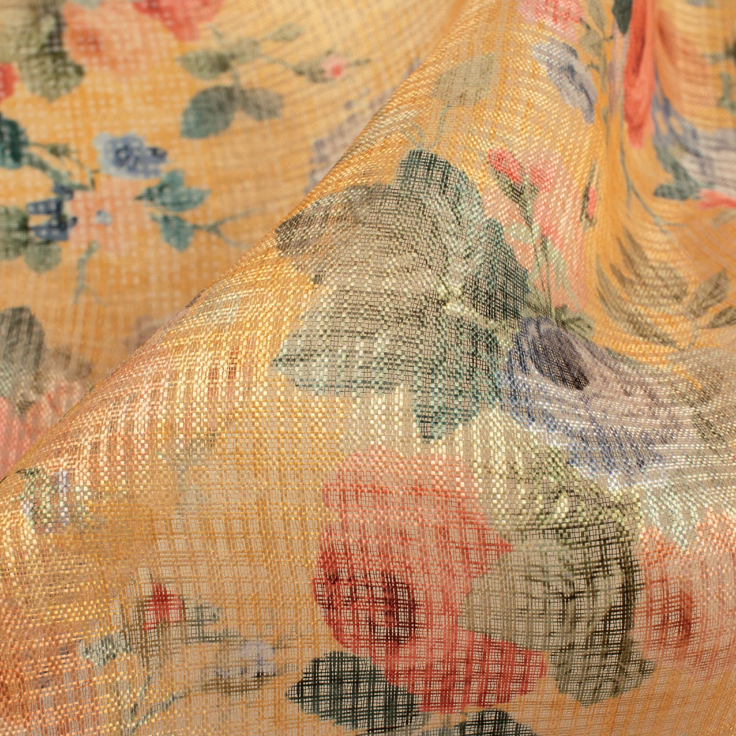 Mustard Yellow And Red Floral Pattern Digital Print Kota Doria Fabric