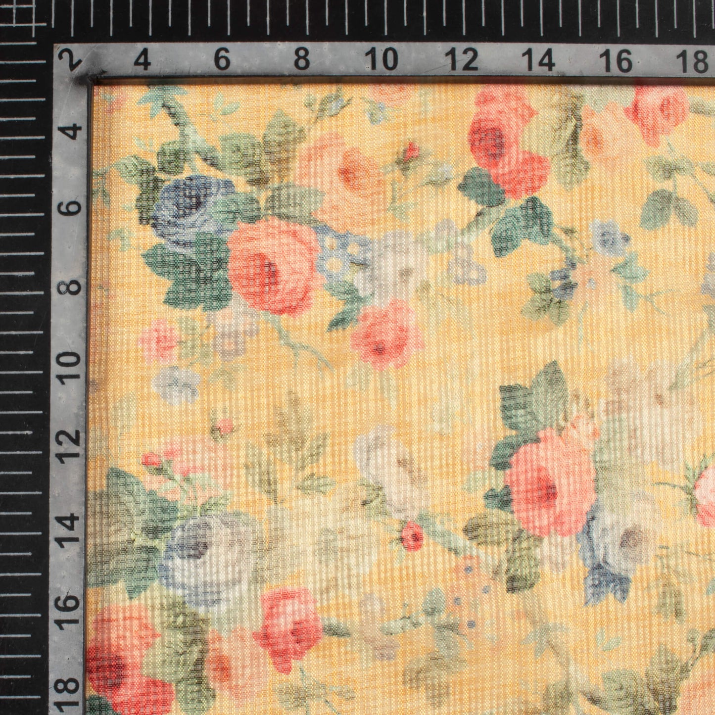 Mustard Yellow And Red Floral Pattern Digital Print Kota Doria Fabric