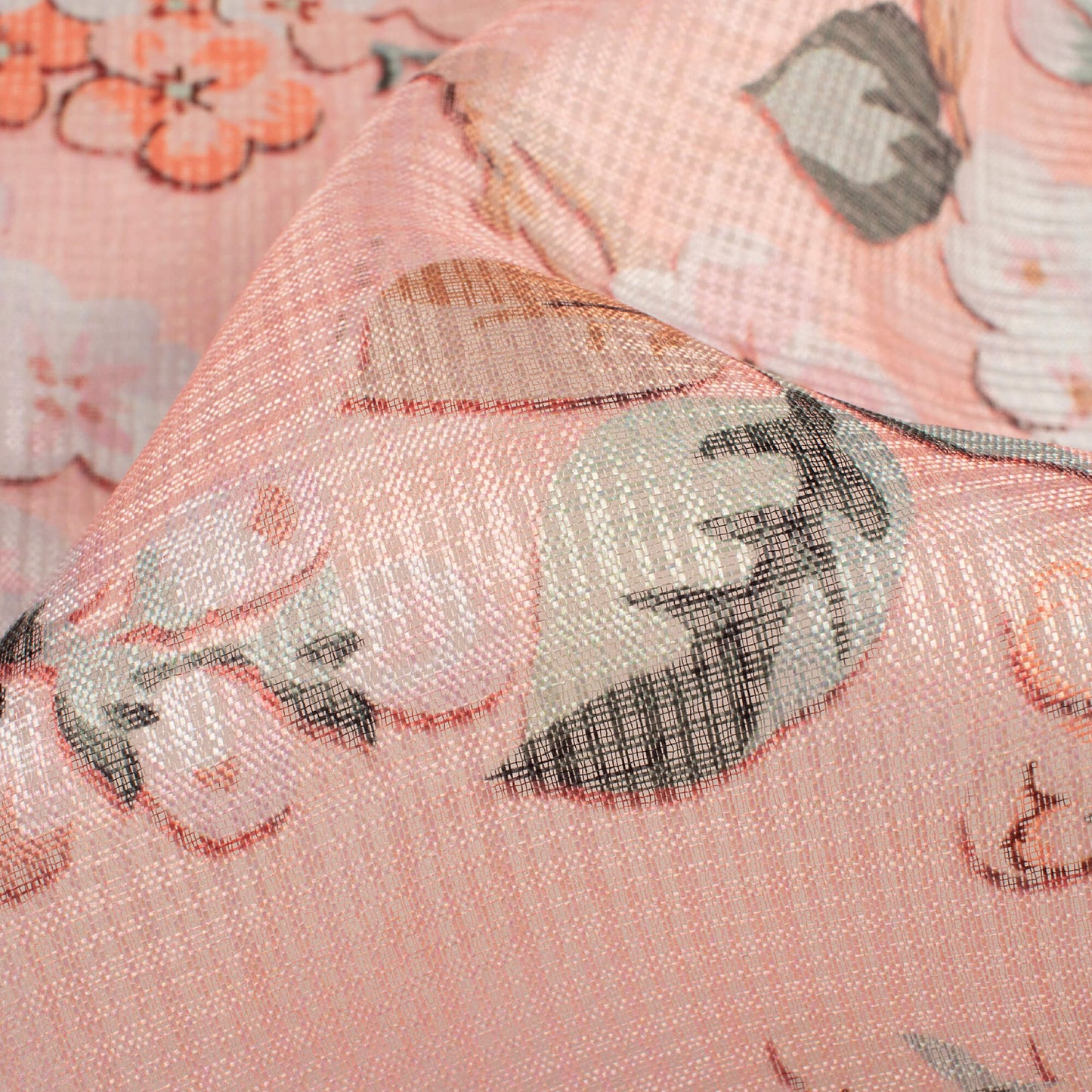 Baby Pink And Peach Floral Pattern Digital Print Kota Doria Fabric