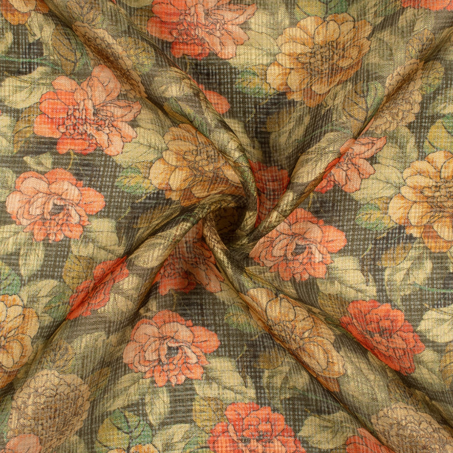 Fern Green And Blush Red Floral Pattern Digital Print Kota Doria Fabric