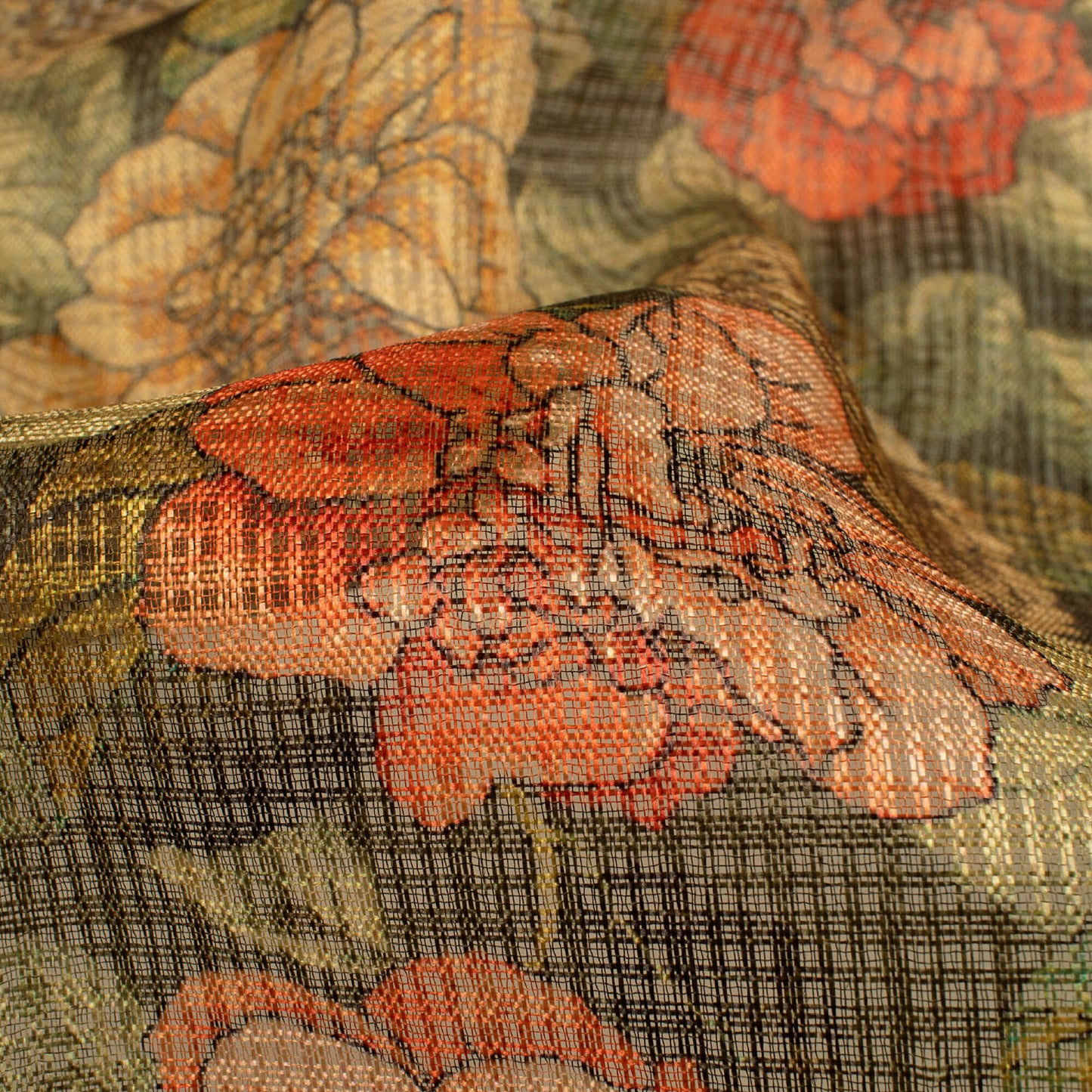 Fern Green And Blush Red Floral Pattern Digital Print Kota Doria Fabric