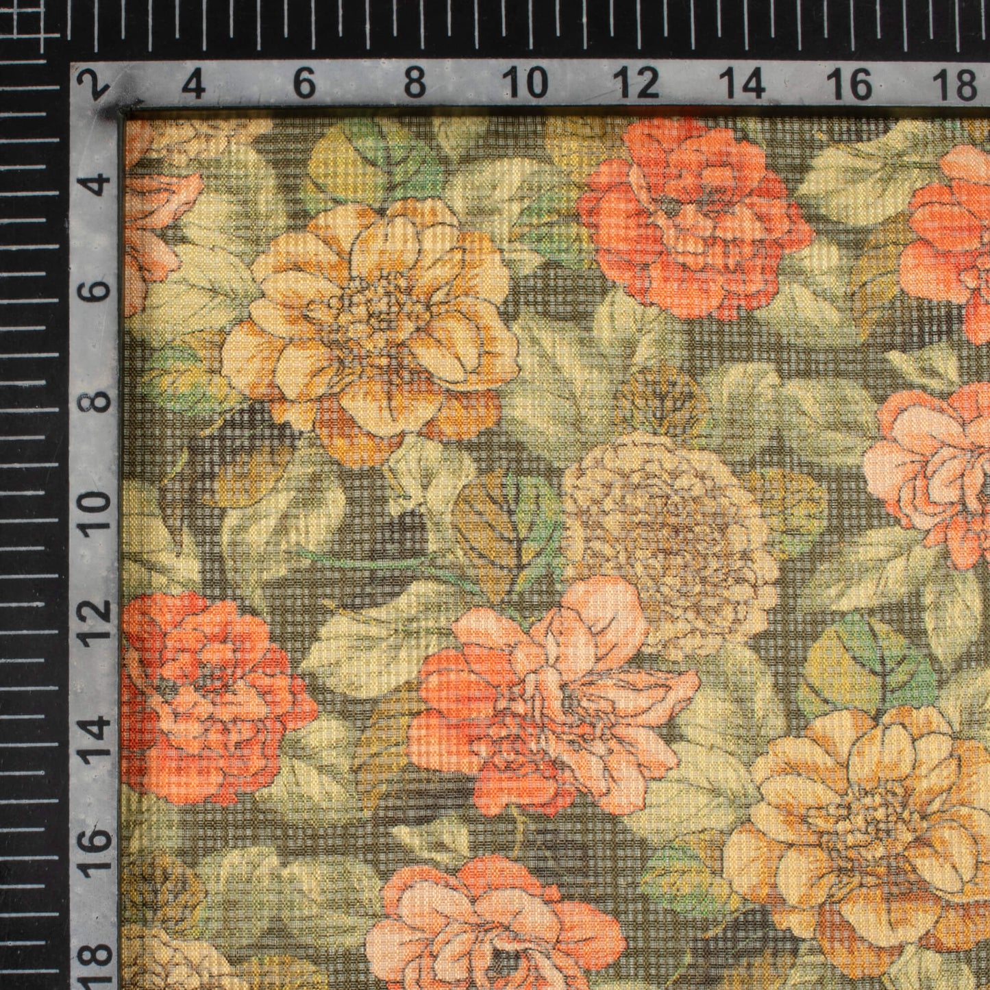 Fern Green And Blush Red Floral Pattern Digital Print Kota Doria Fabric