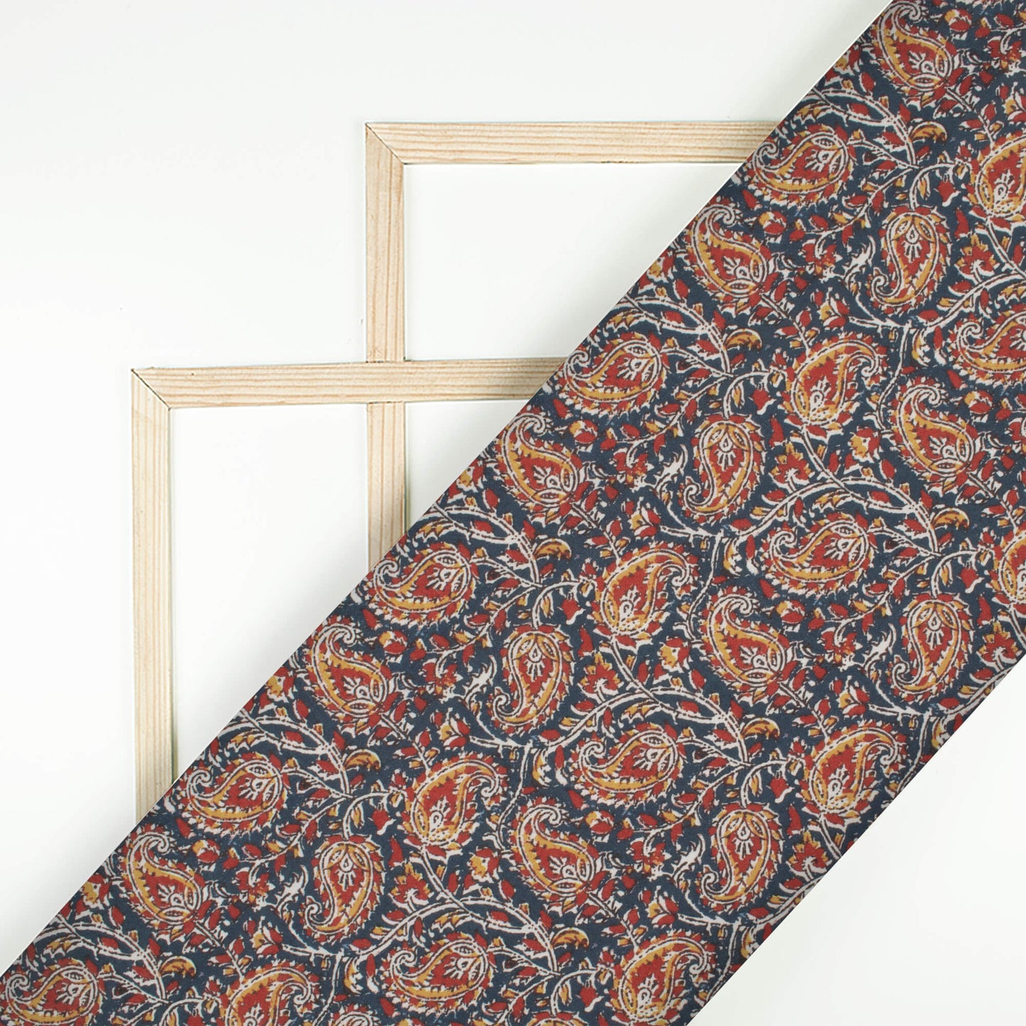 Dark Blue And Red Paisley Pattern Digital Print Rayon Fabric