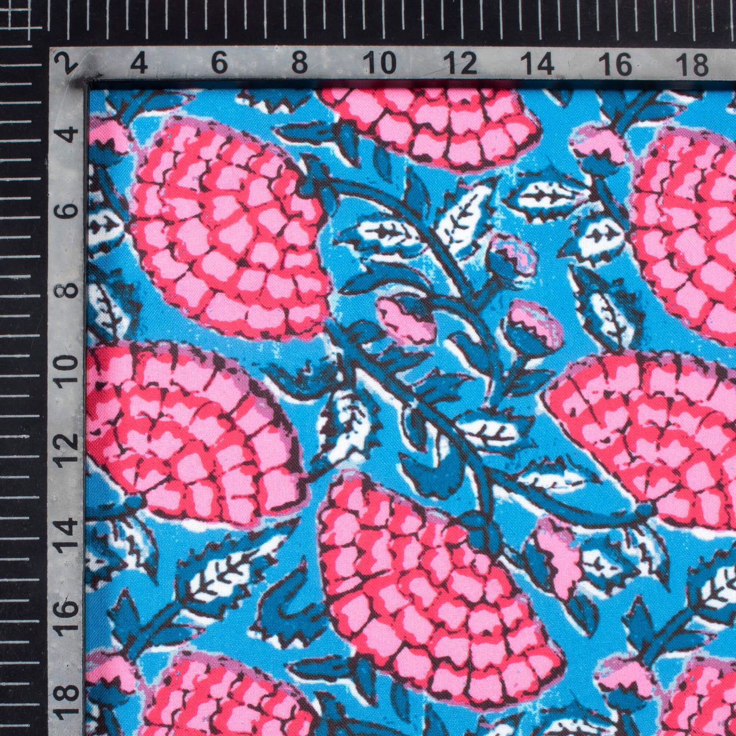 Steel Blue And Pink Floral Pattern Digital Print Rayon Fabric