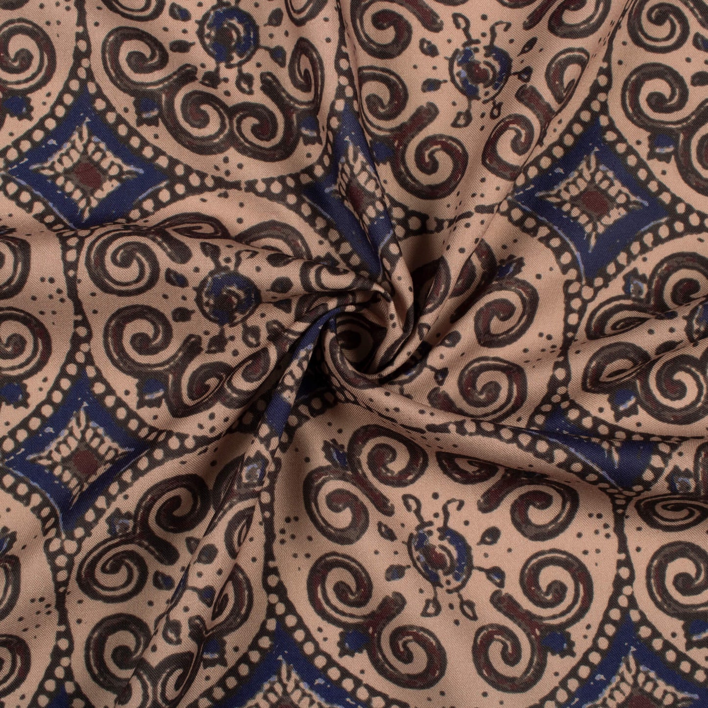 Camel Brown And Navy Blue Traditional Pattern Digital Print Rayon Fabric