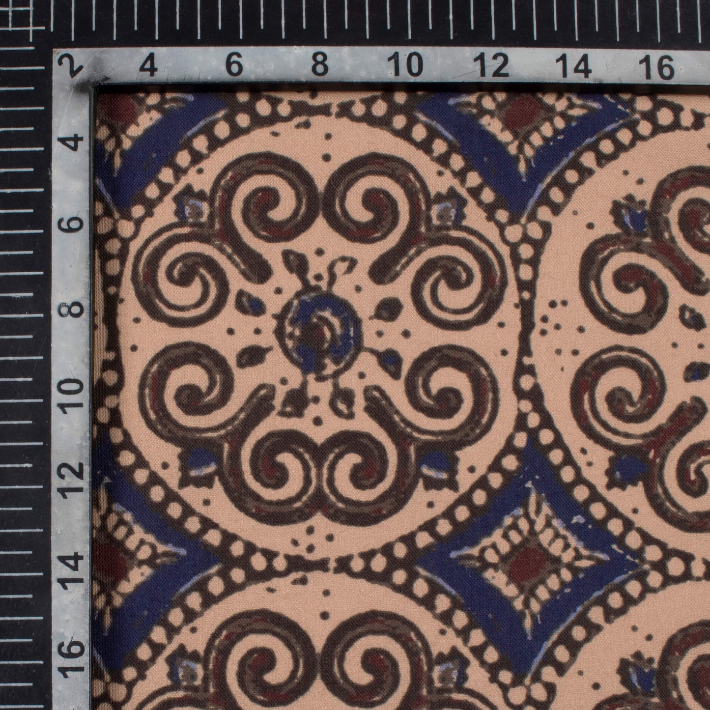 Camel Brown And Navy Blue Traditional Pattern Digital Print Rayon Fabric