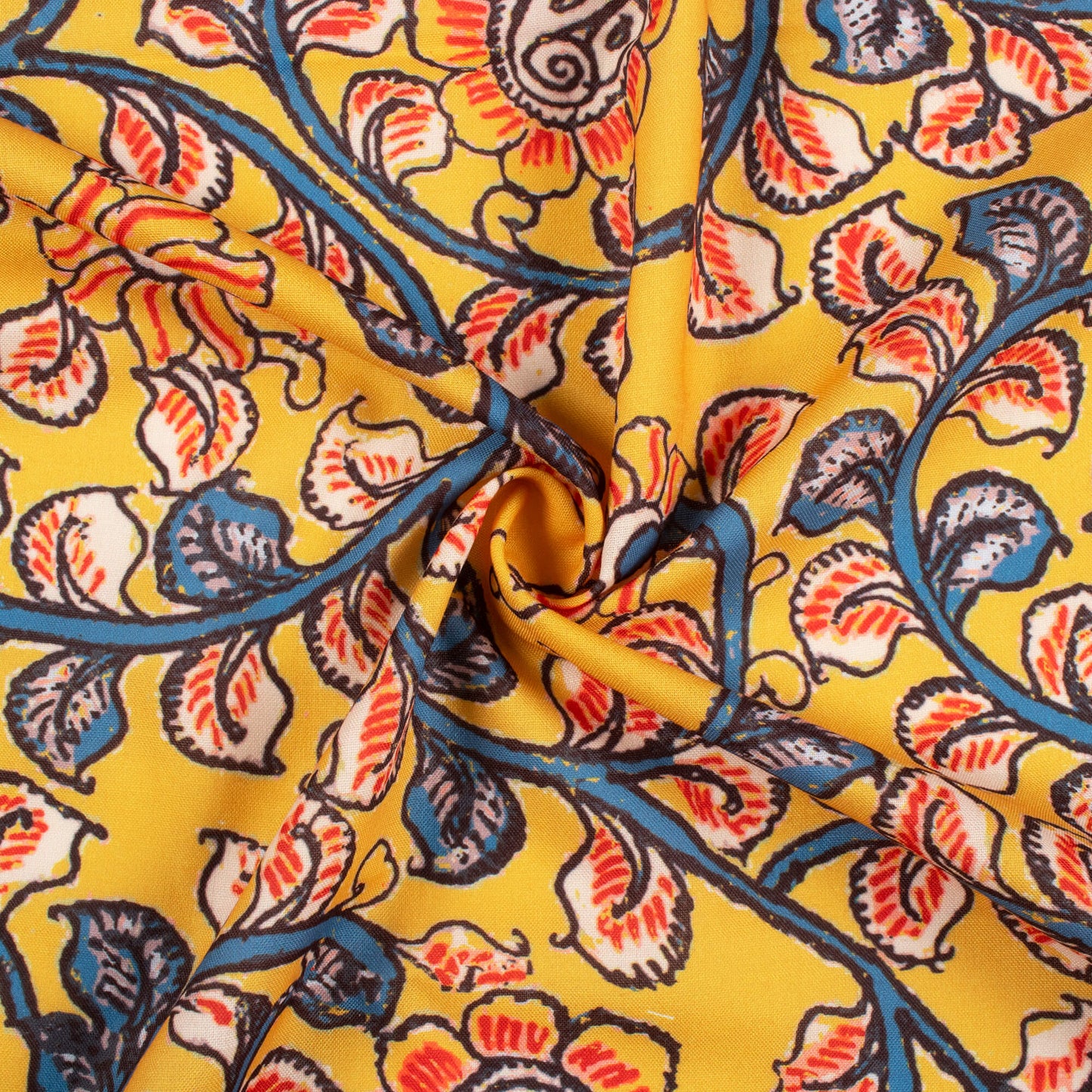 Butterscotch Yellow And Steel Blue Kalamkrii Pattern Digital Print Rayon Fabric