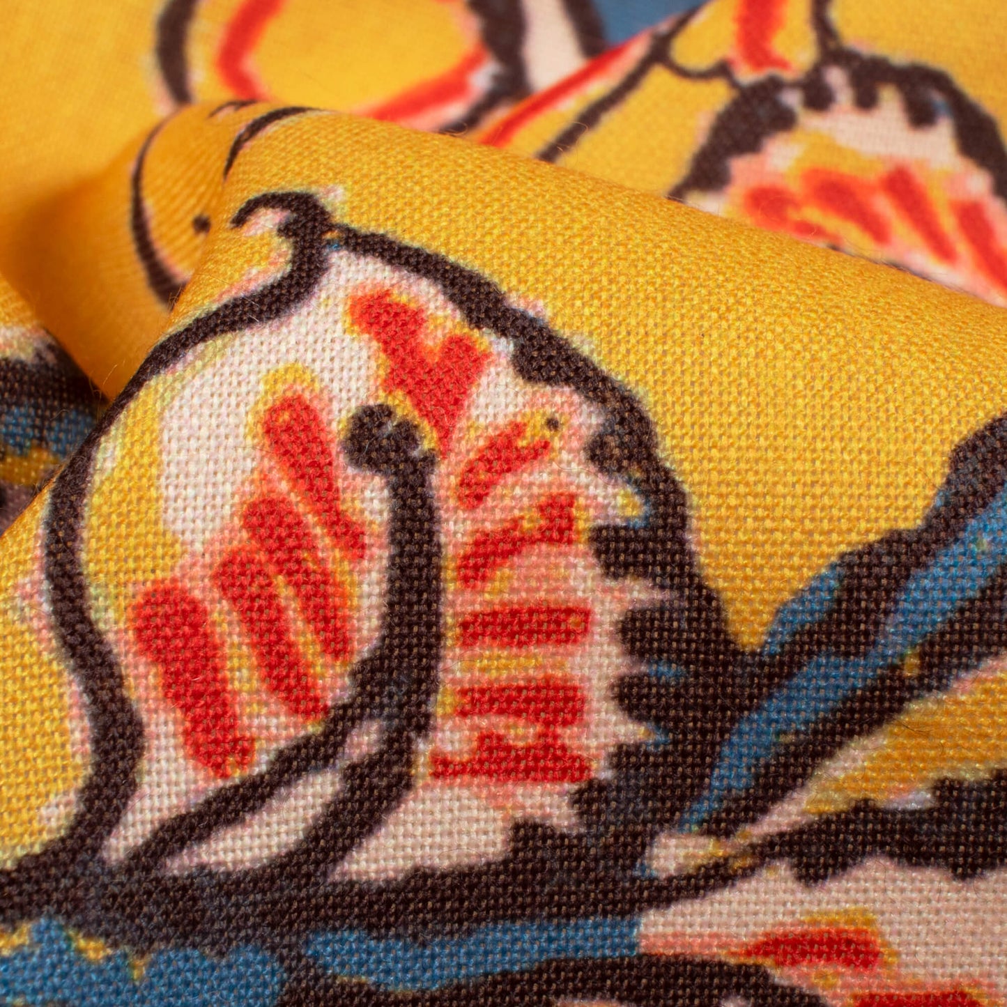 Butterscotch Yellow And Steel Blue Kalamkrii Pattern Digital Print Rayon Fabric