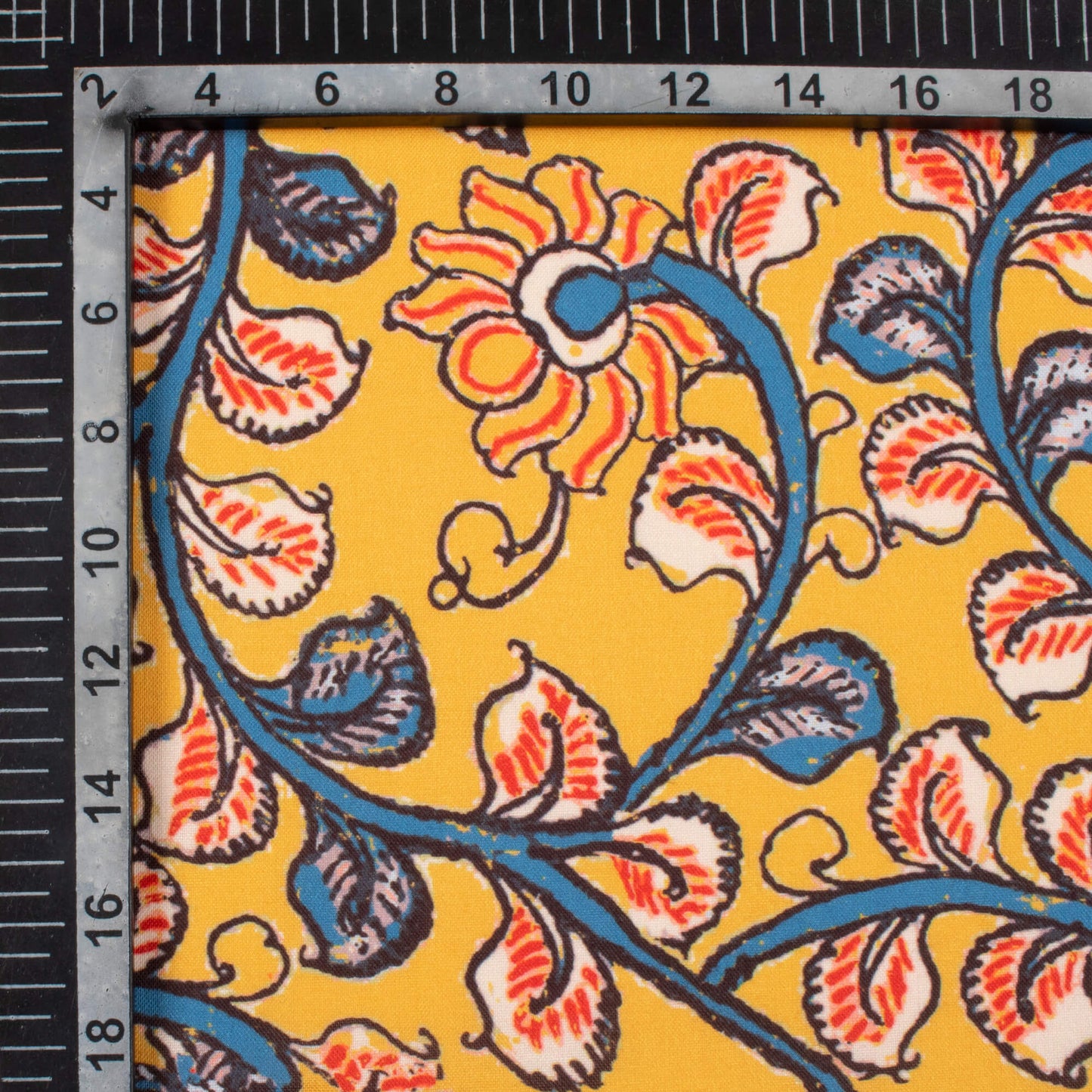 Butterscotch Yellow And Steel Blue Kalamkrii Pattern Digital Print Rayon Fabric