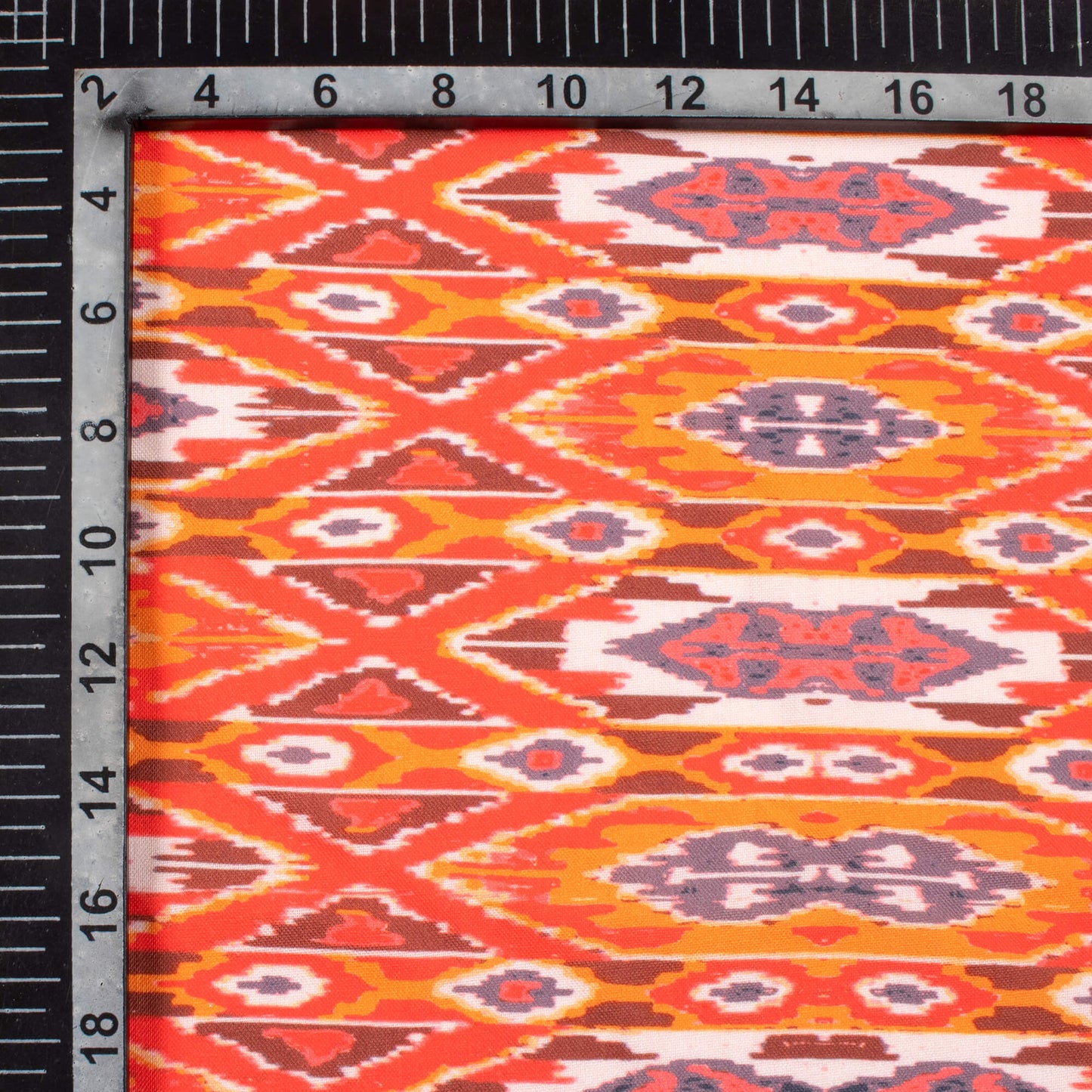 Orange And Red Ikkat Pattern Digital Print Rayon Fabric