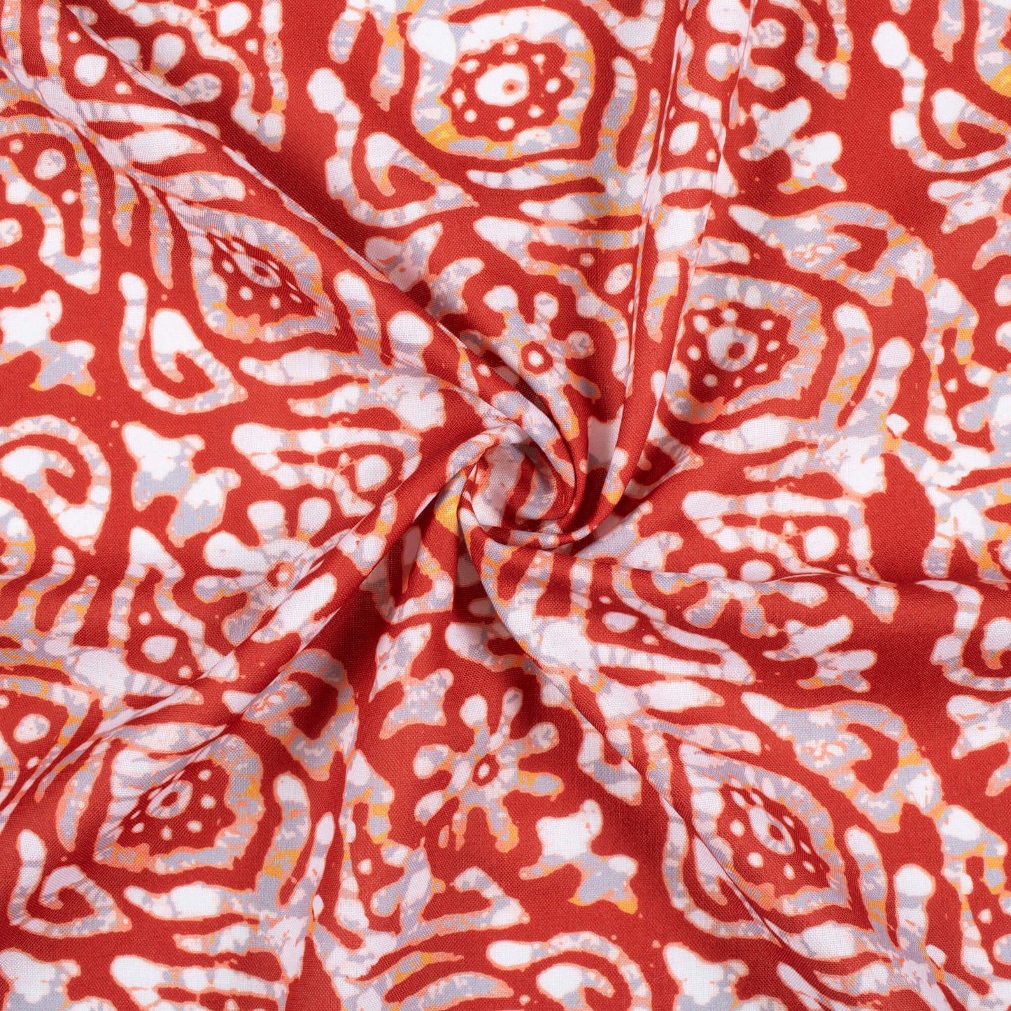 Brick Red And White Batik Pattern Digital Print Rayon Fabric