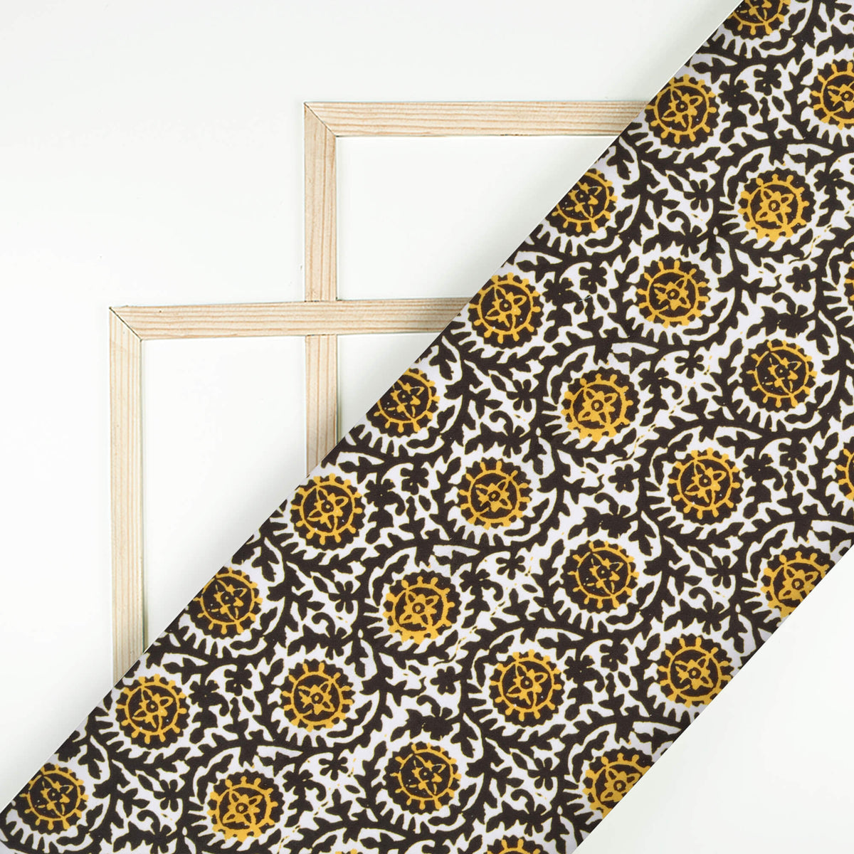 Black And Yellow Floral Pattern Digital Print Rayon Fabric