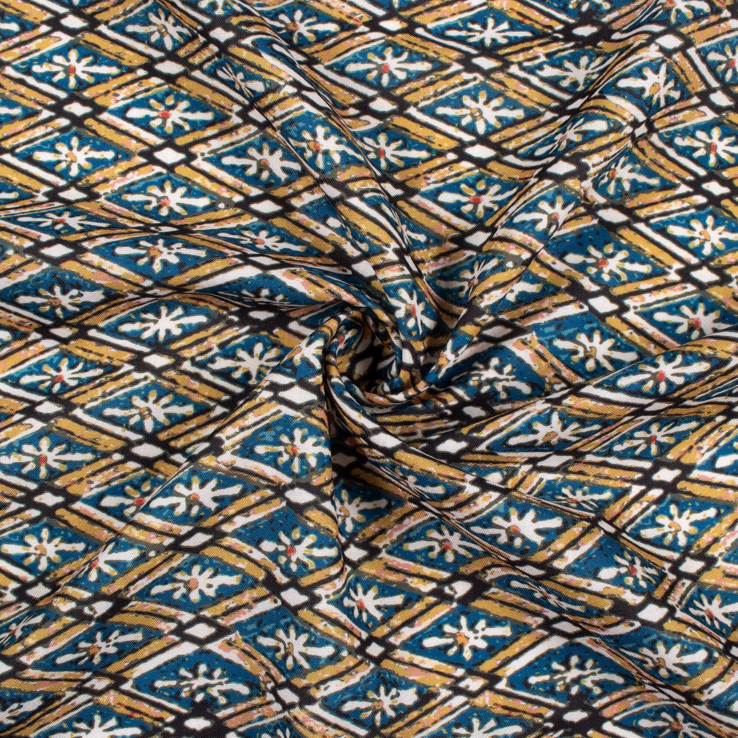 Mustard Yellow And Blue Geometric Pattern Digital Print Rayon Fabric