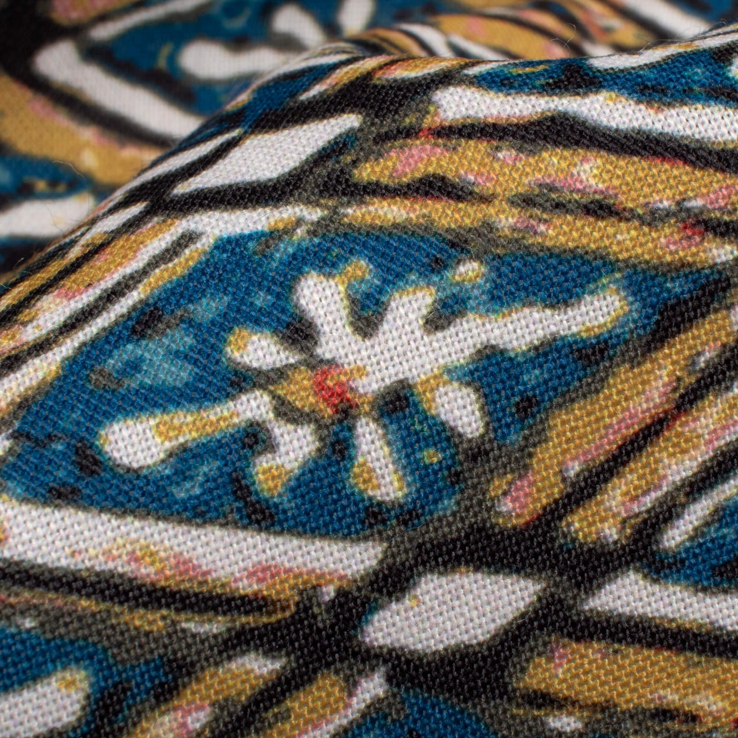 Mustard Yellow And Blue Geometric Pattern Digital Print Rayon Fabric
