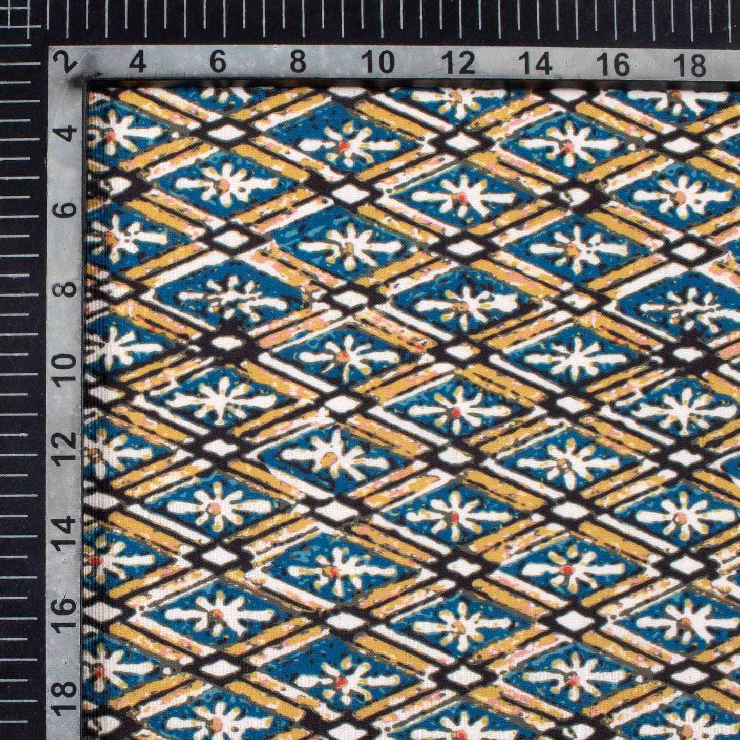 Mustard Yellow And Blue Geometric Pattern Digital Print Rayon Fabric