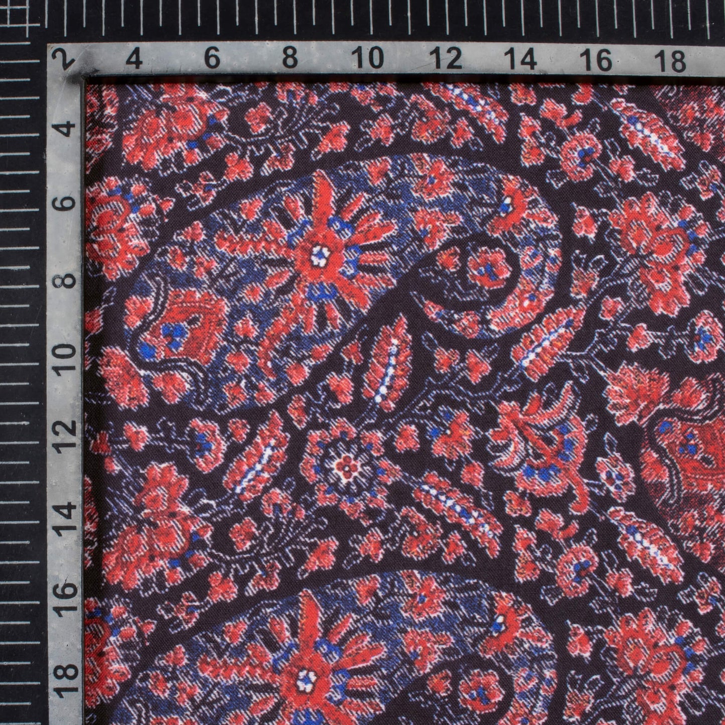 Yale Blue And Red Paisley Pattern Digital Print Rayon Fabric