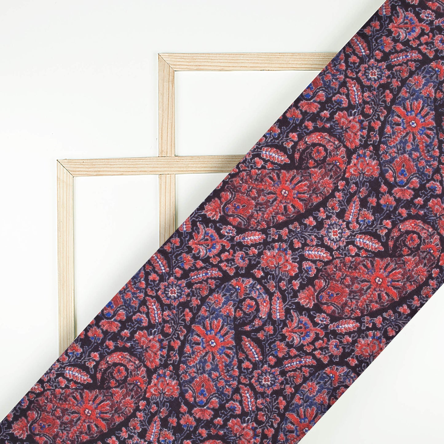 Yale Blue And Red Paisley Pattern Digital Print Rayon Fabric