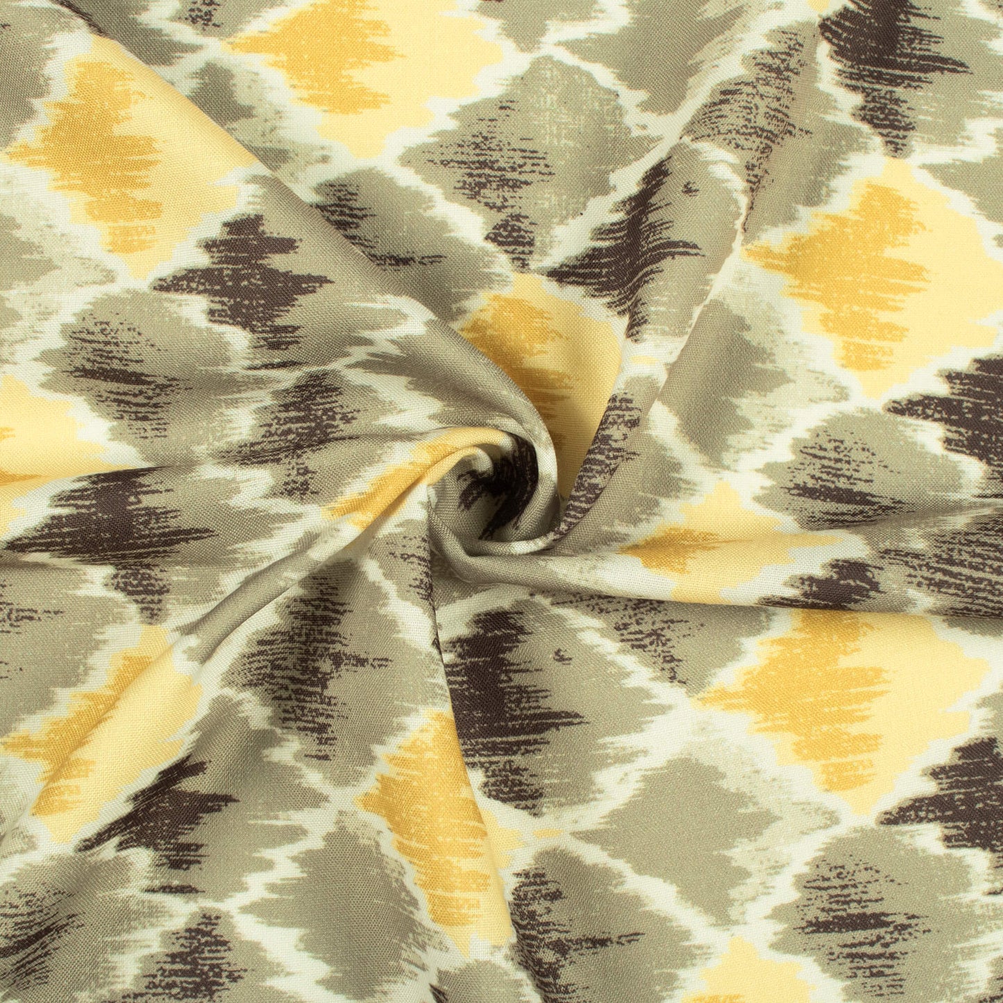 Dafodial Yellow And Stone Grey Abstract Pattern Digital Print Rayon Fabric