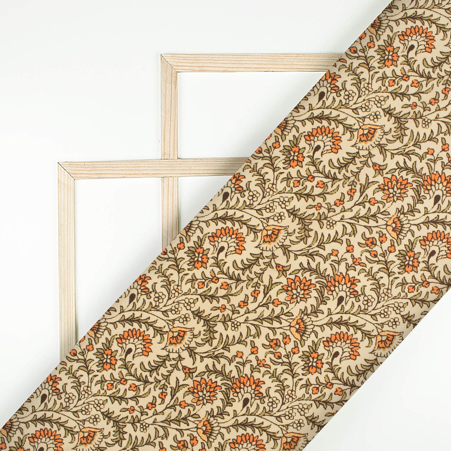 Sand Beige And Orange Floral Pattern Digital Print Rayon Fabric