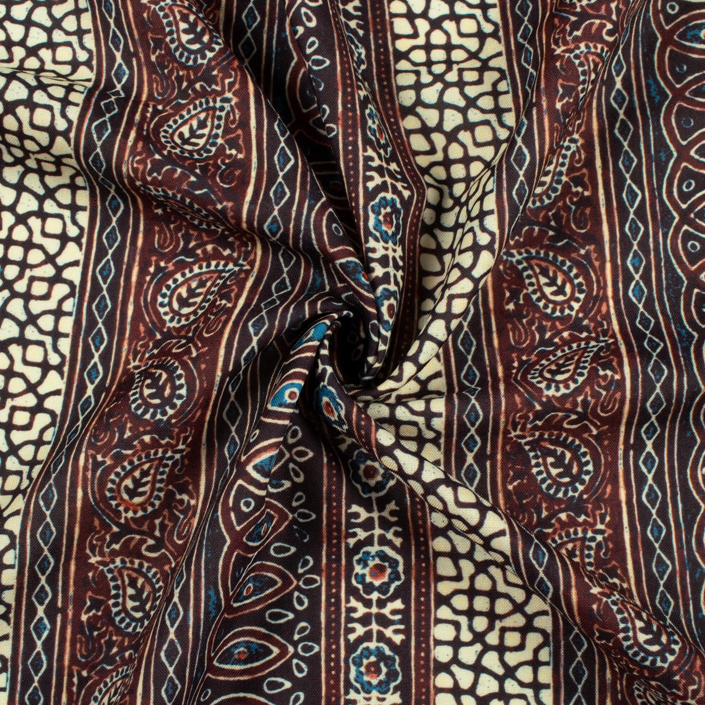 Vermilion Red And Prussian Blue Ajrakh Pattern Digital Print Rayon Fabric