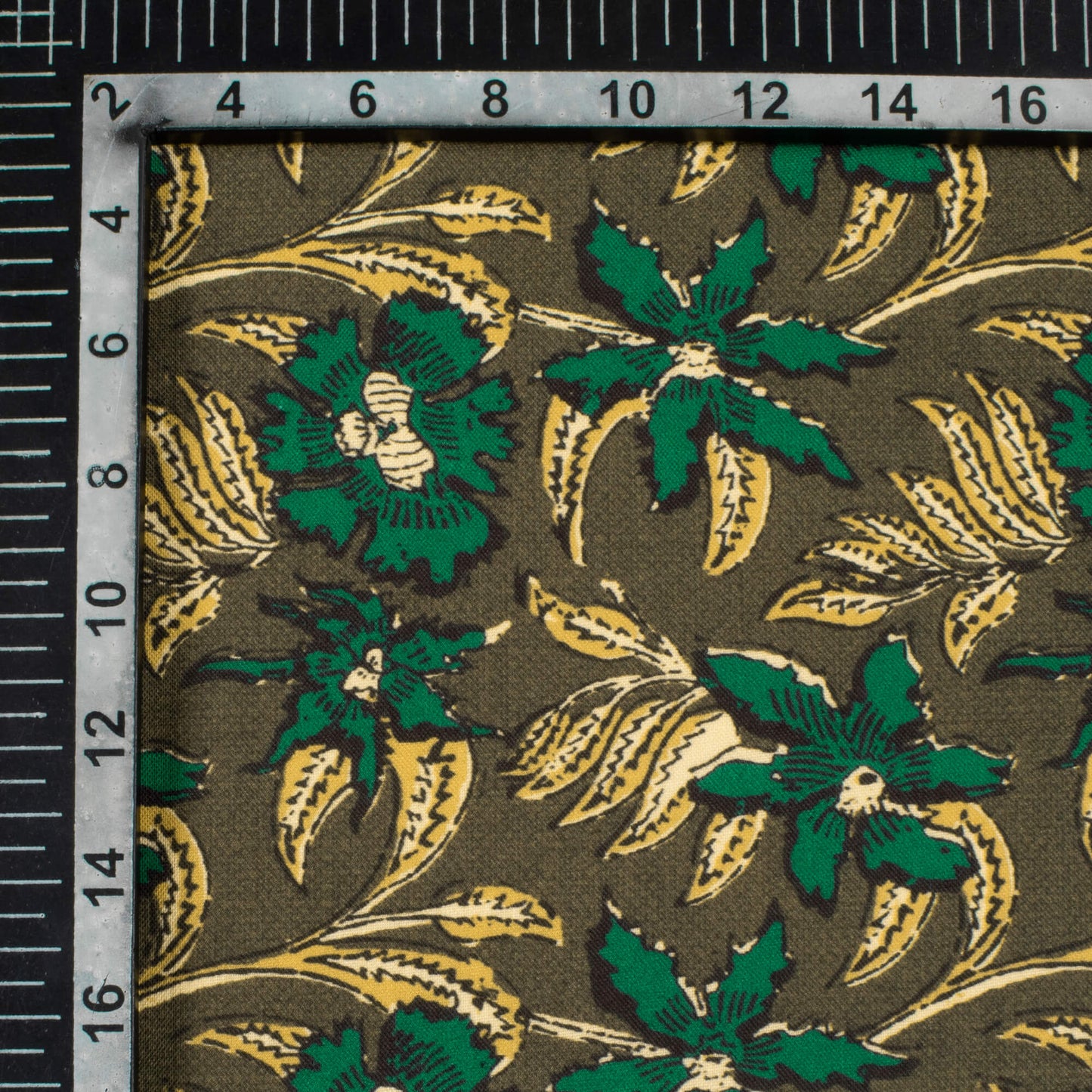 Army Green And Mustard Yellow Floral Pattern Digital Print Rayon Fabric
