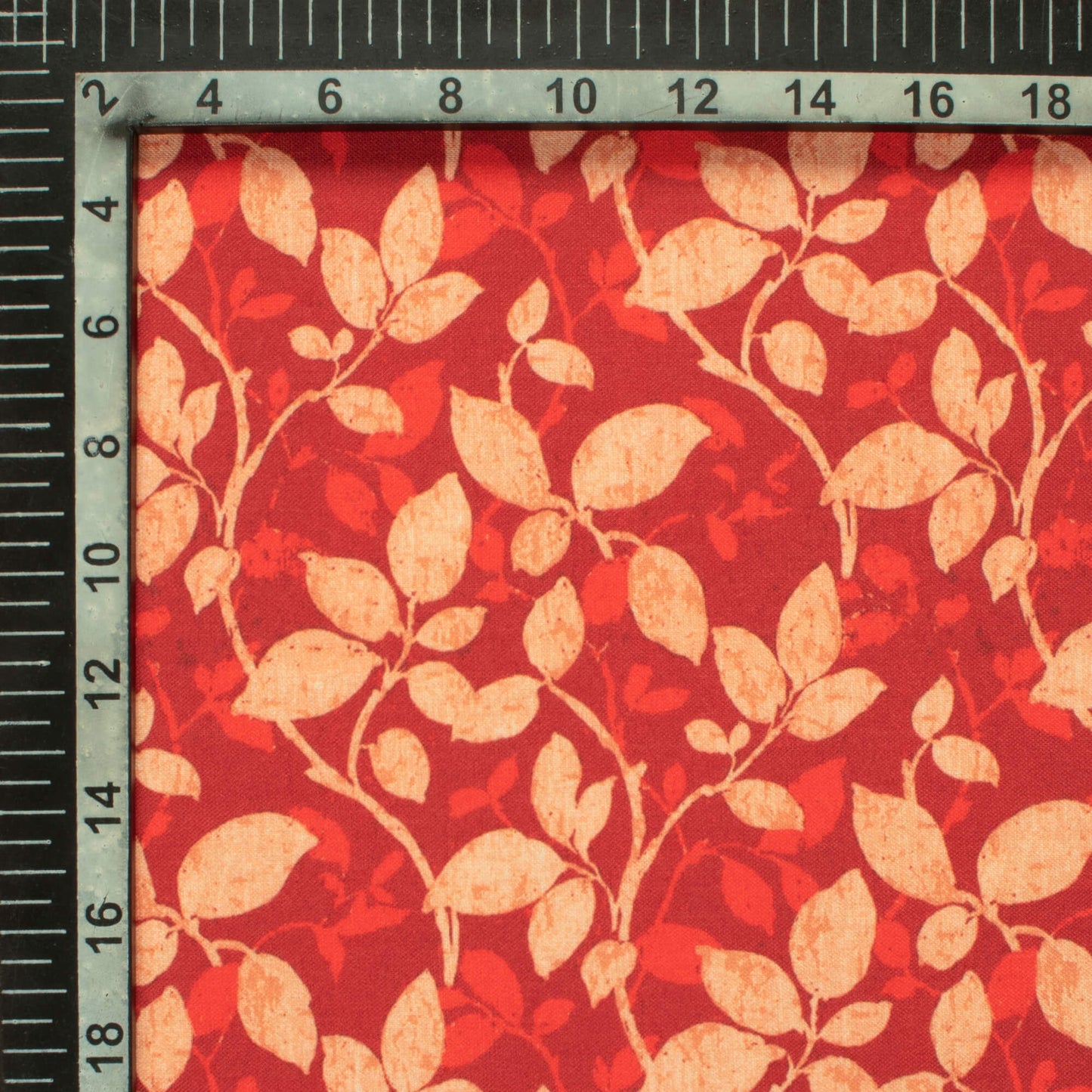 Vermilion Red And Beige Leaf Pattern Digital Print Rayon Fabric