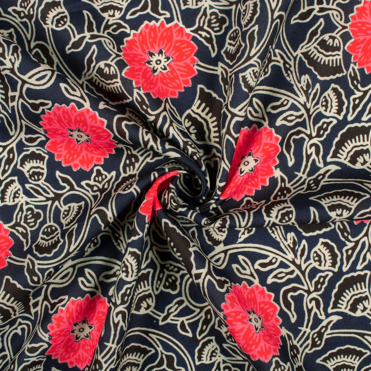 Navy Blue And Desire Red Floral Pattern Digital Print Rayon Fabric