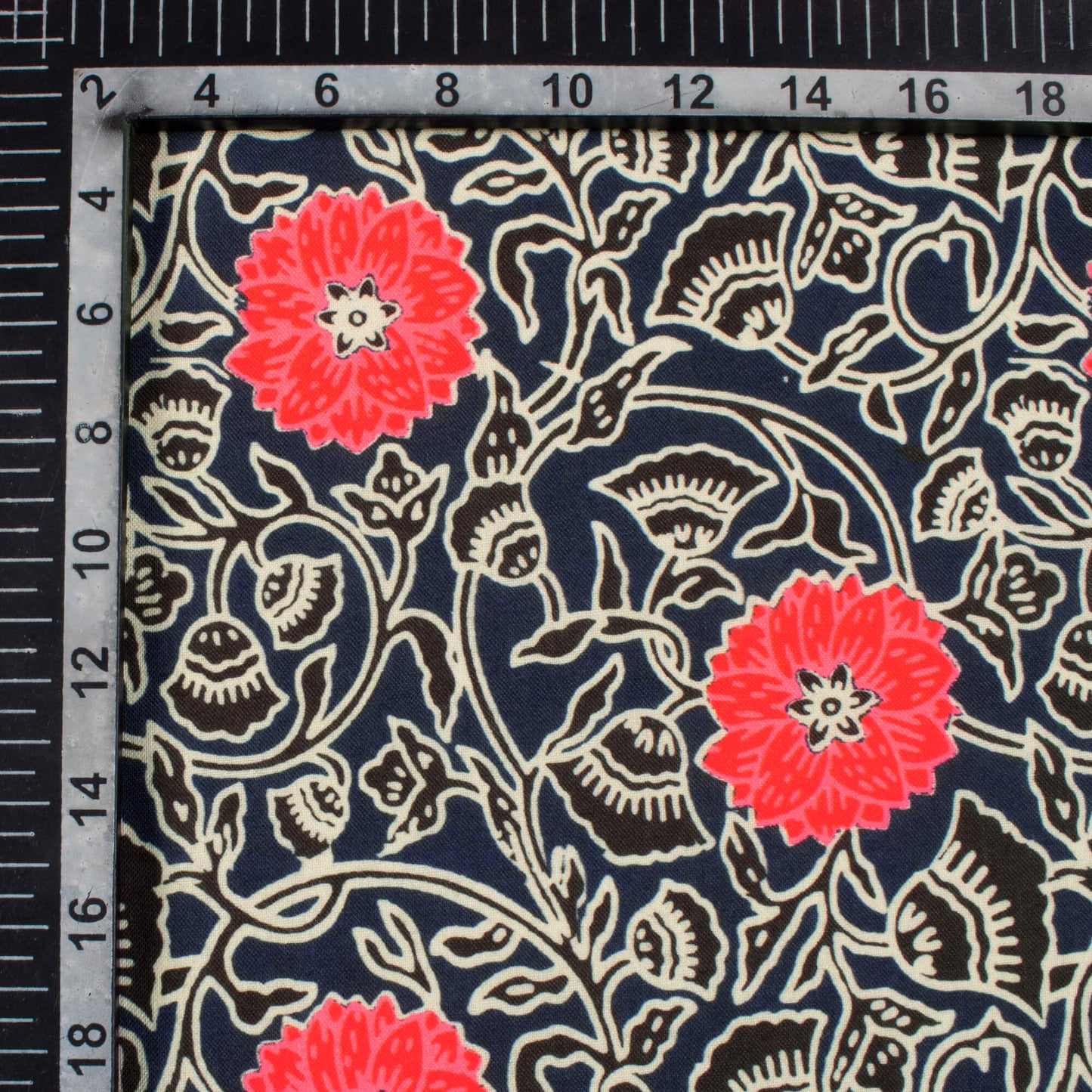 Navy Blue And Desire Red Floral Pattern Digital Print Rayon Fabric