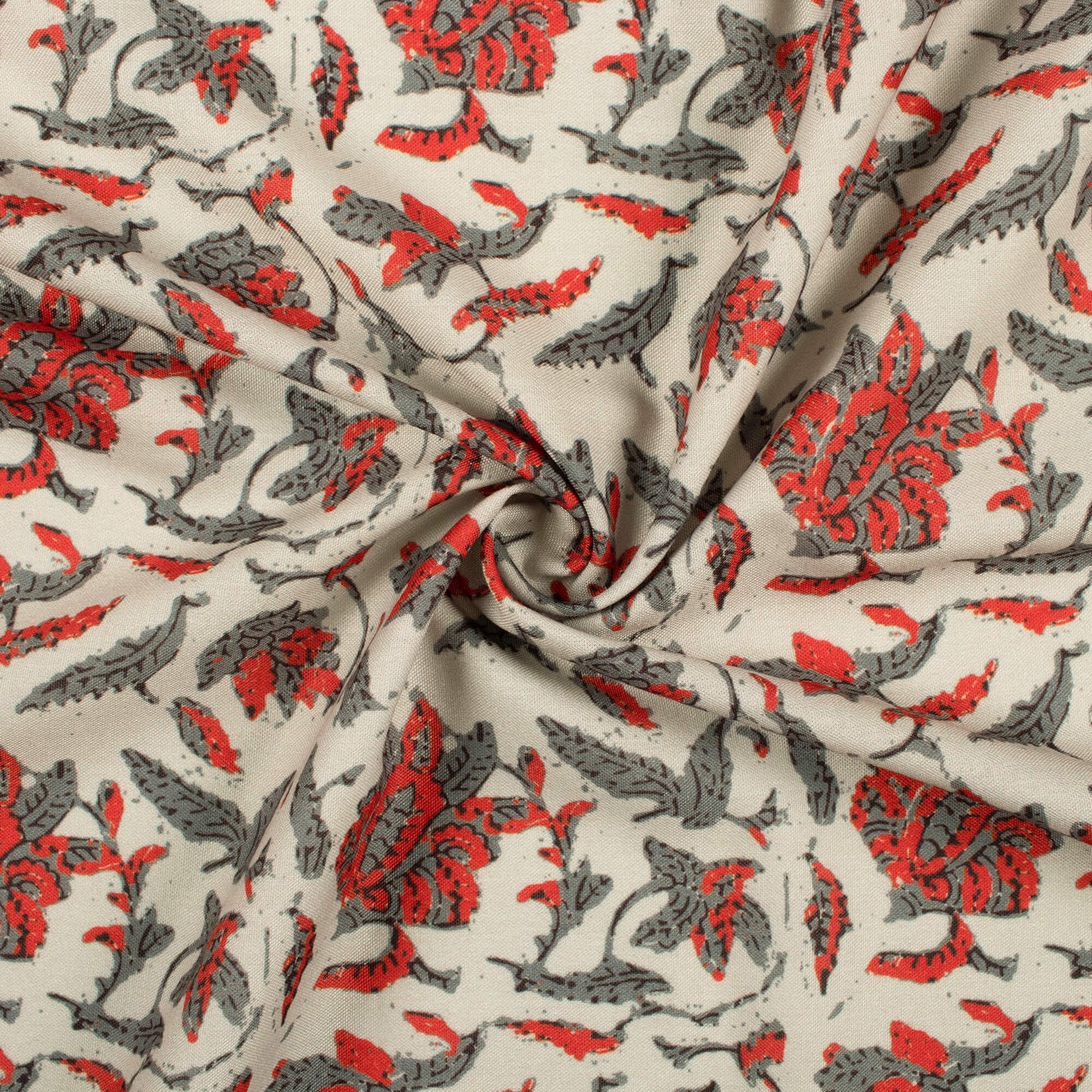 Off White And Sangria Red Floral Pattern Digital Print Rayon Fabric