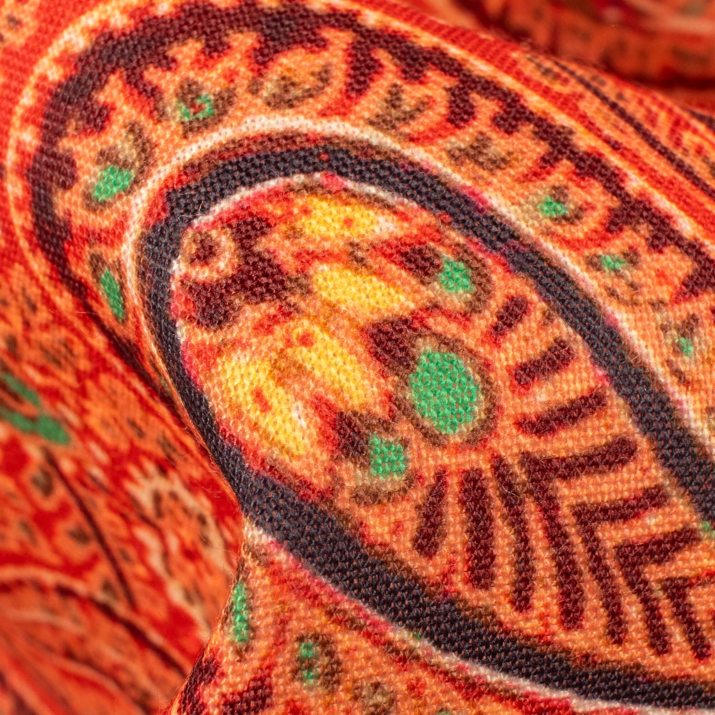 Burnt Orange And Black Paisley Pattern Digital Print Rayon Fabric