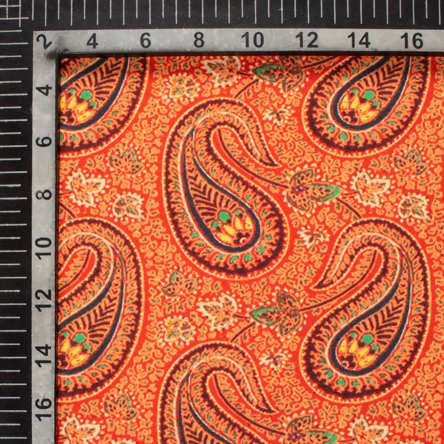 Burnt Orange And Black Paisley Pattern Digital Print Rayon Fabric