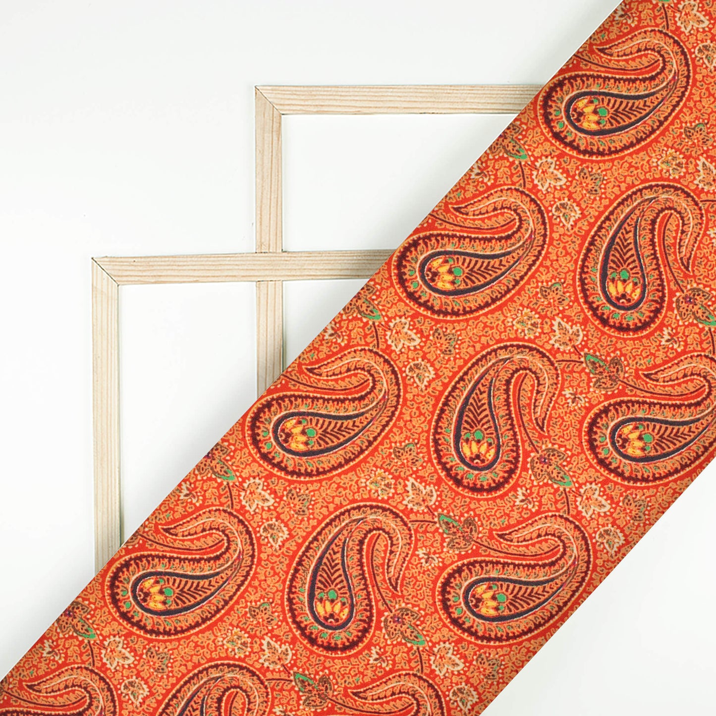 Burnt Orange And Black Paisley Pattern Digital Print Rayon Fabric