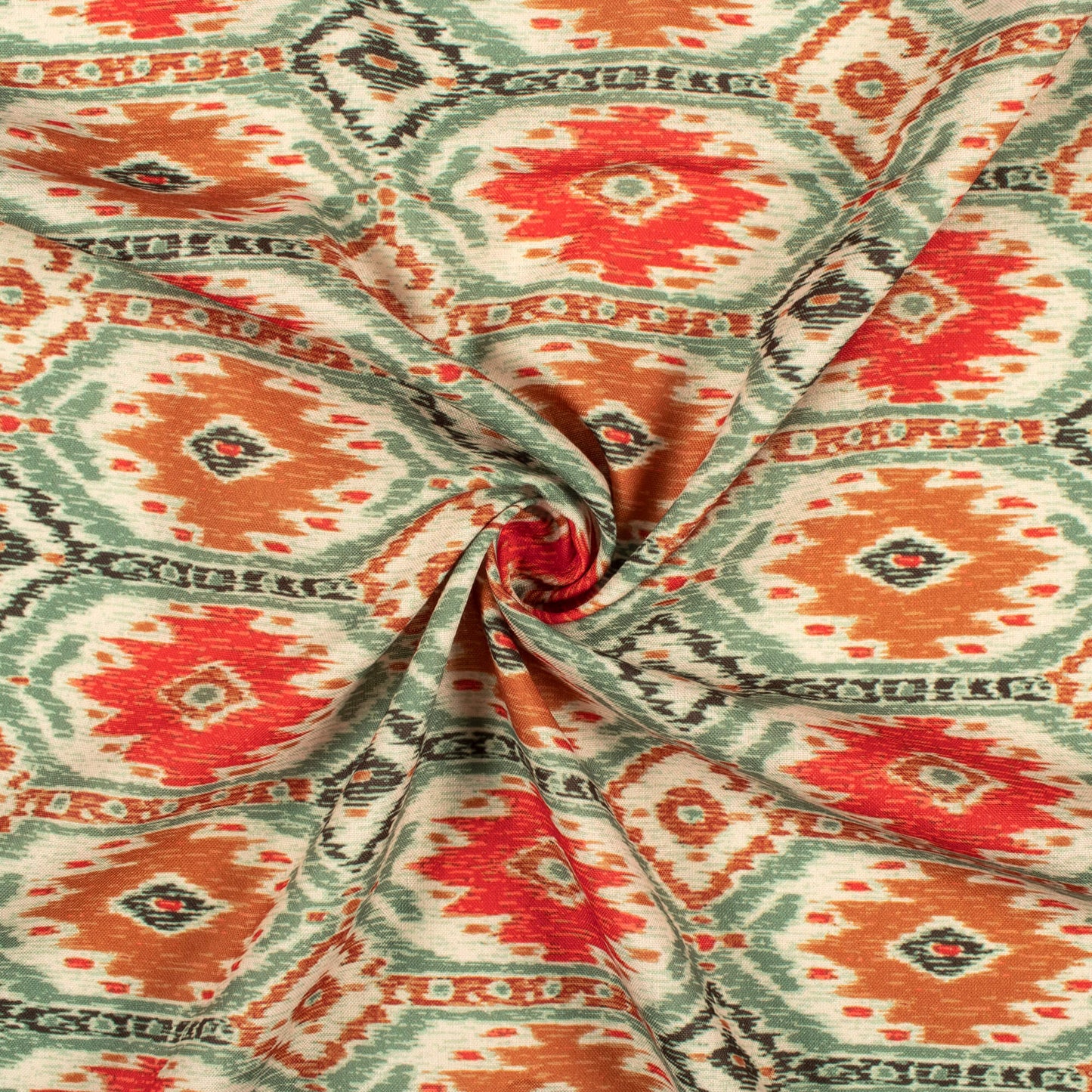 Viridian Green And Red Traditional Pattern Digital Print Rayon Fabric