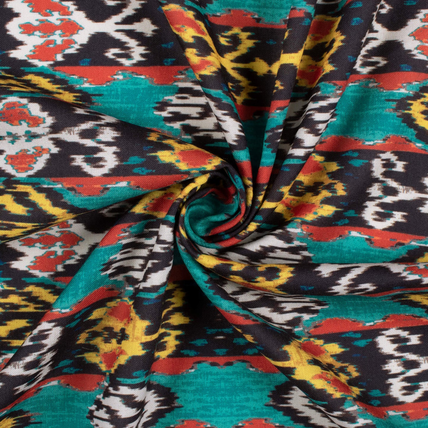 Pine Green And Mustard Yellow Ikkat Pattern Digital Print Rayon Fabric
