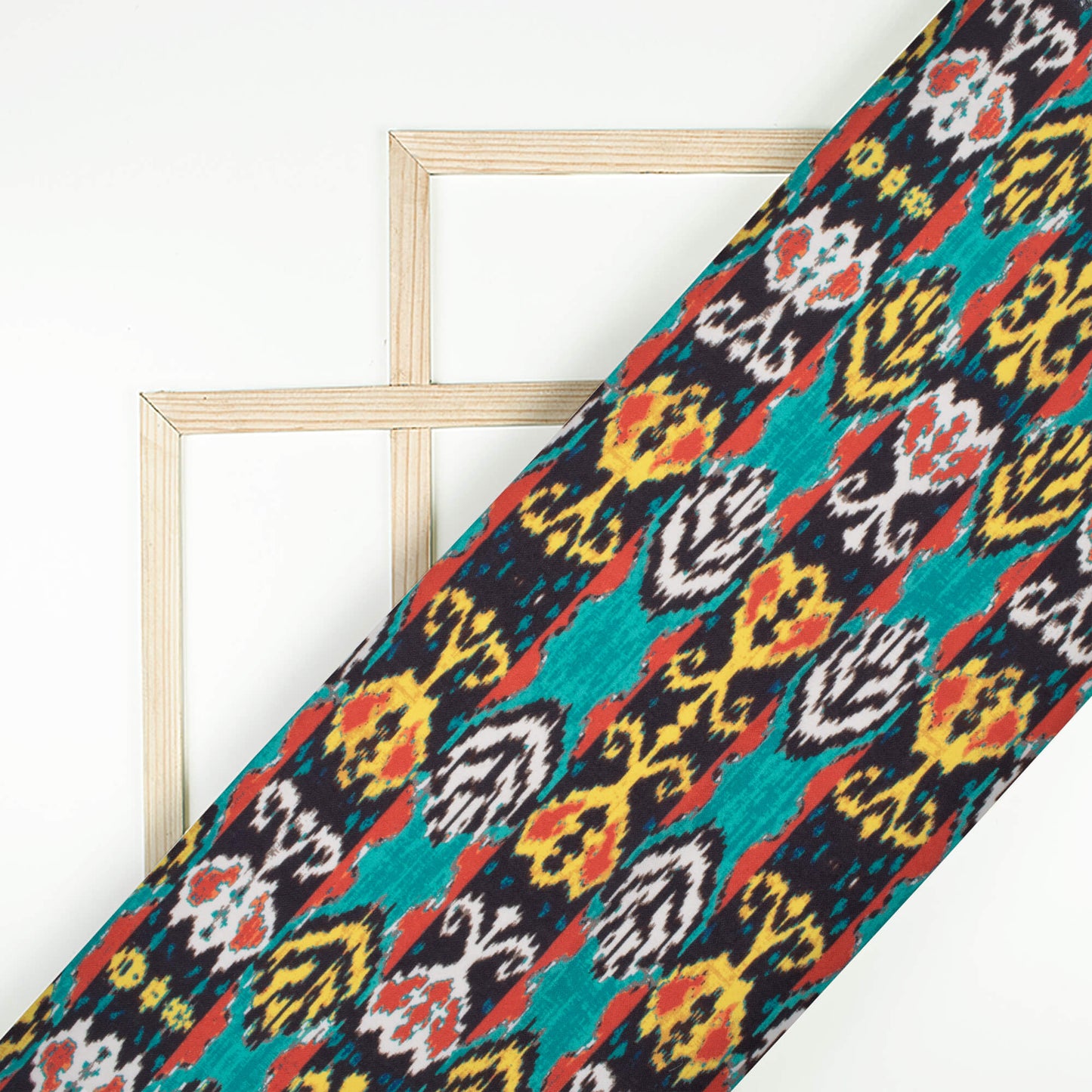 Pine Green And Mustard Yellow Ikkat Pattern Digital Print Rayon Fabric