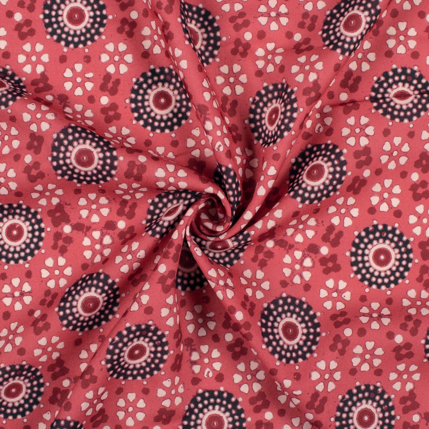 Raspberry Red And Black Traditional Pattern Digital Print Rayon Fabric