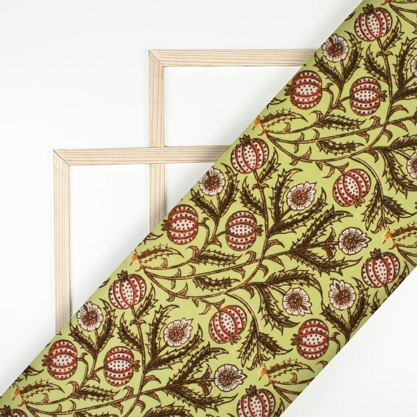 Earls Green And Vermilion Red Kalamkrii Pattern Digital Print Rayon Fabric