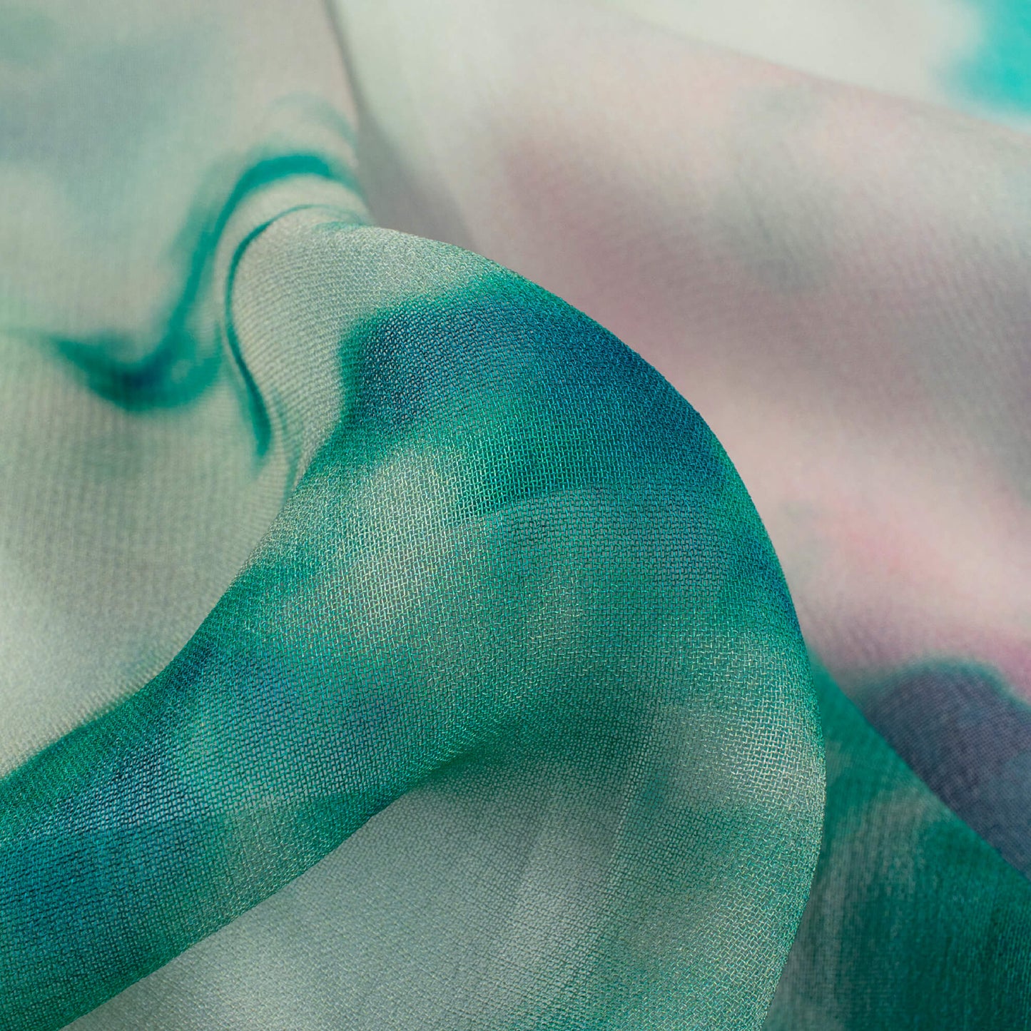 Green And Carnation Pink Tye And Dye Pattern Digital Print Pure Georgette Fabric