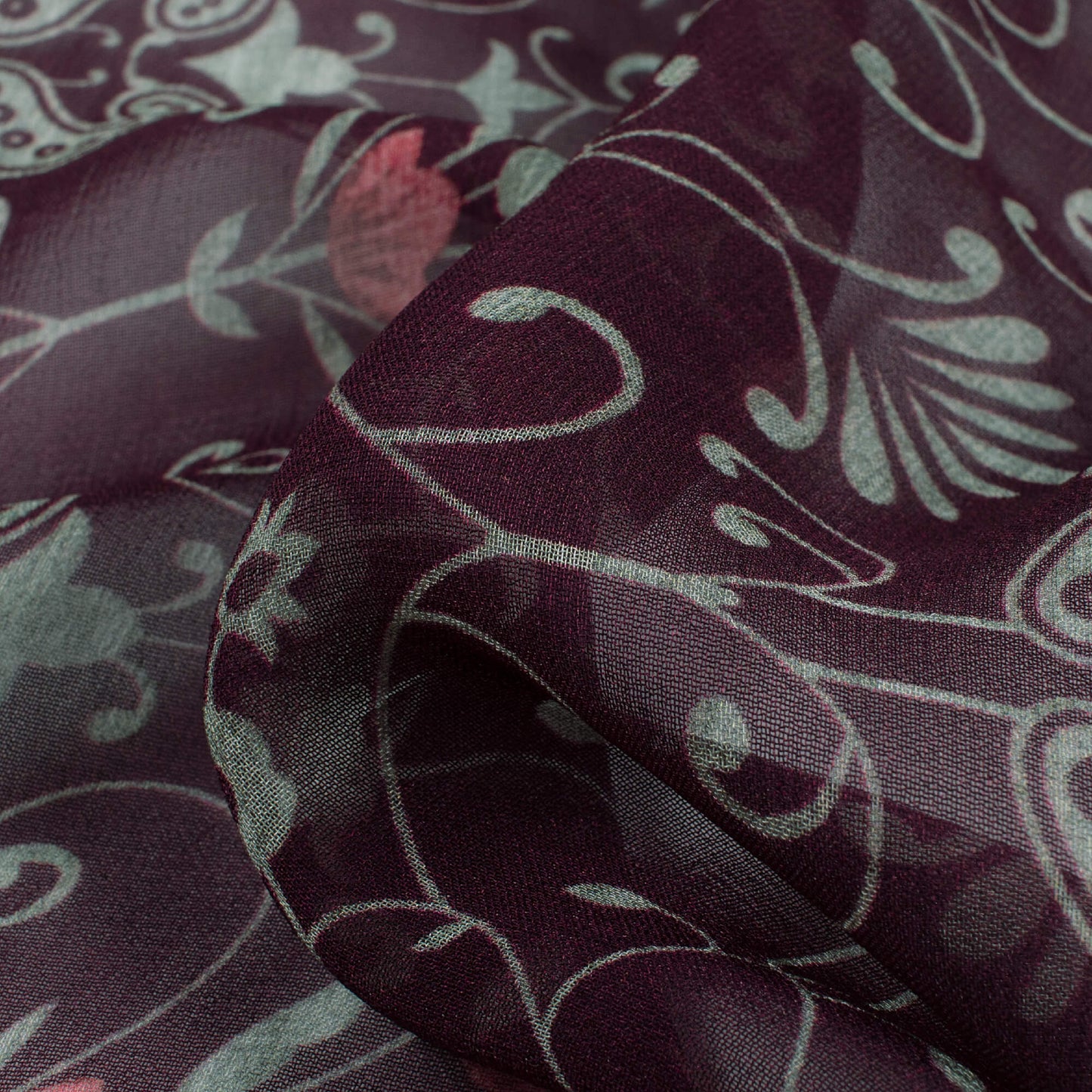 Raisin Purple And Tea Green Ethnic Pattern Digital Print Pure Georgette Fabric