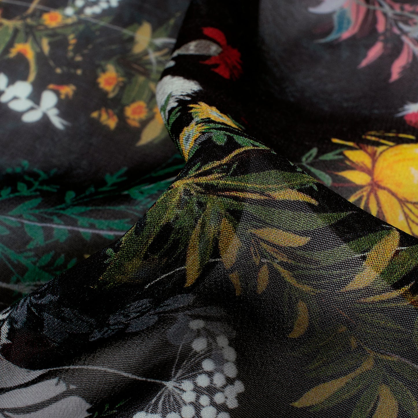 Black And Merigold Yellow Floral Pattern Digital Print Pure Georgette Fabric