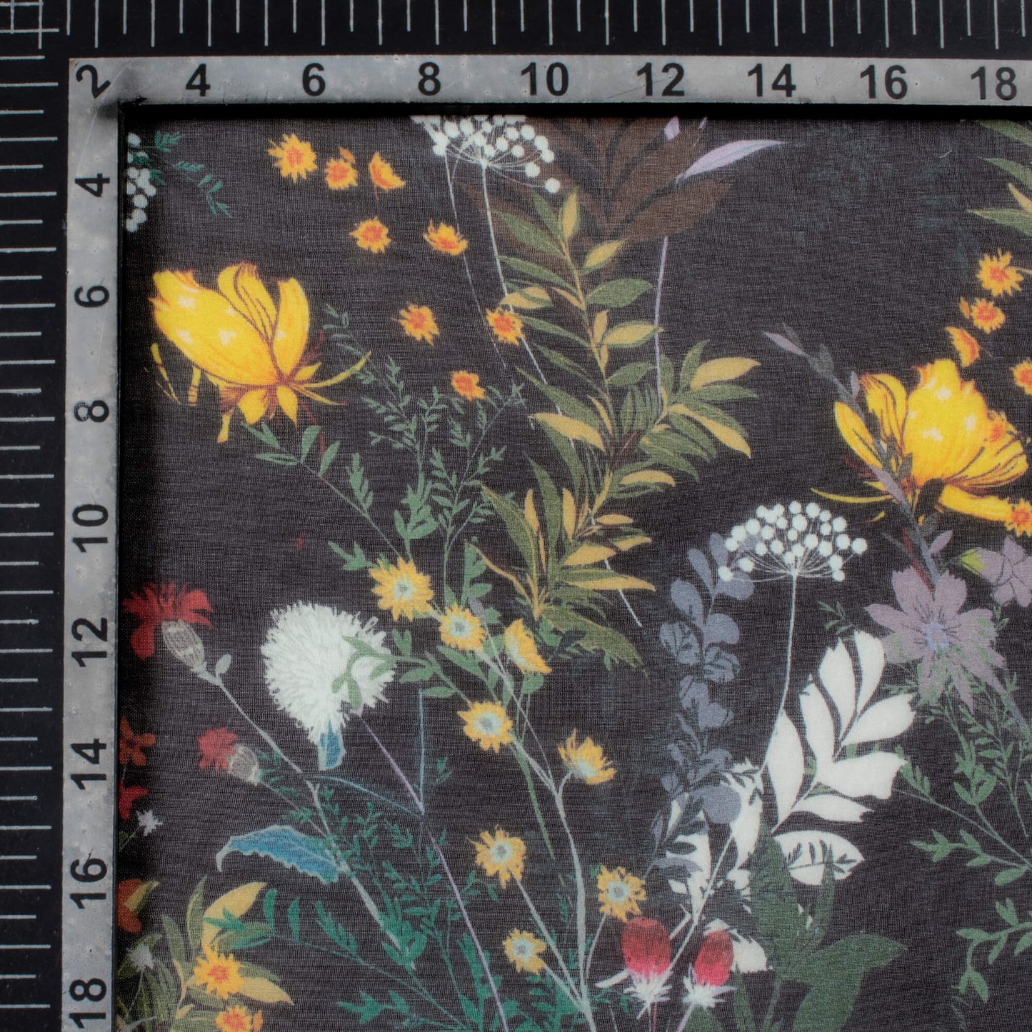 Black And Merigold Yellow Floral Pattern Digital Print Pure Georgette Fabric
