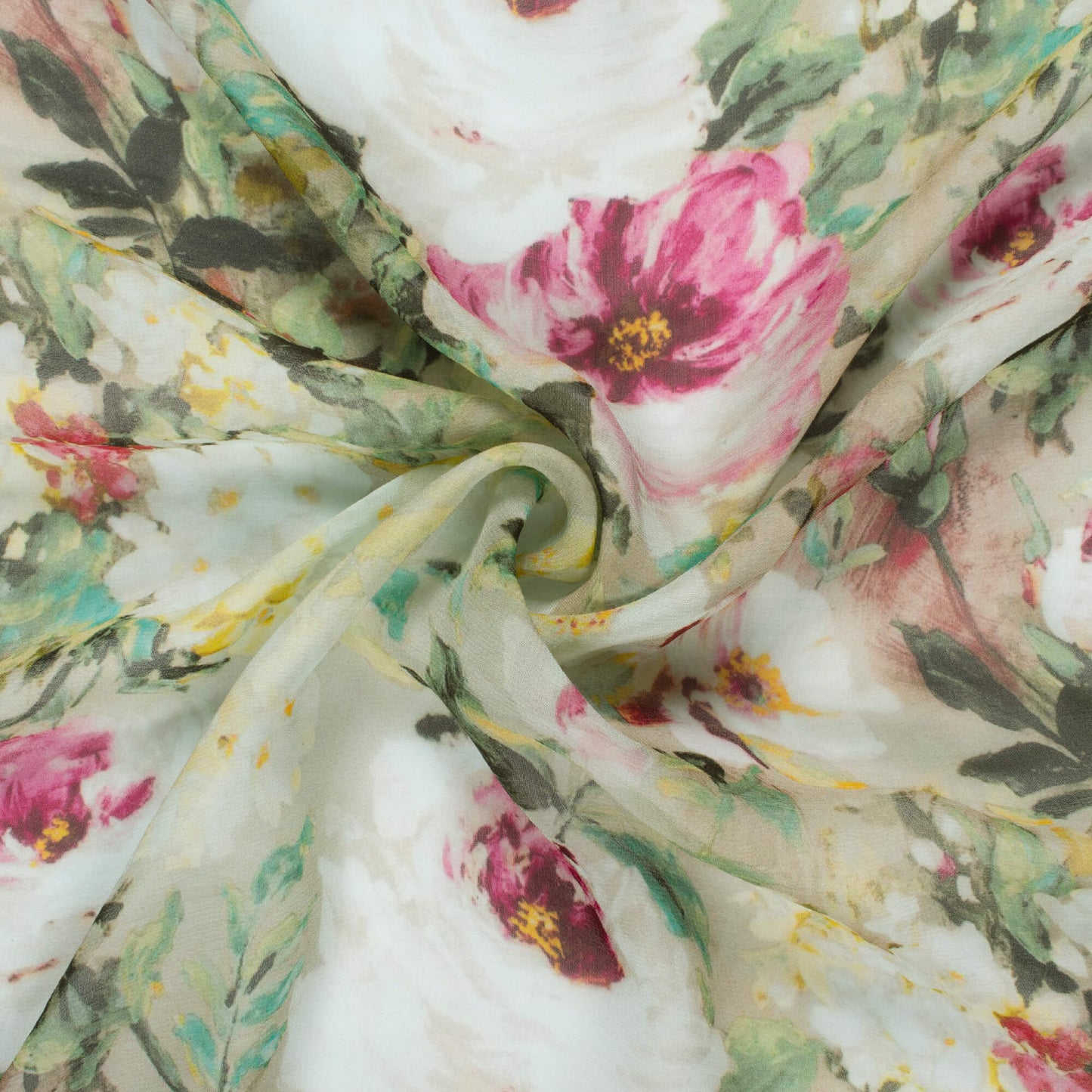Army Green And White Floral Pattern Digital Print Pure Georgette Fabric