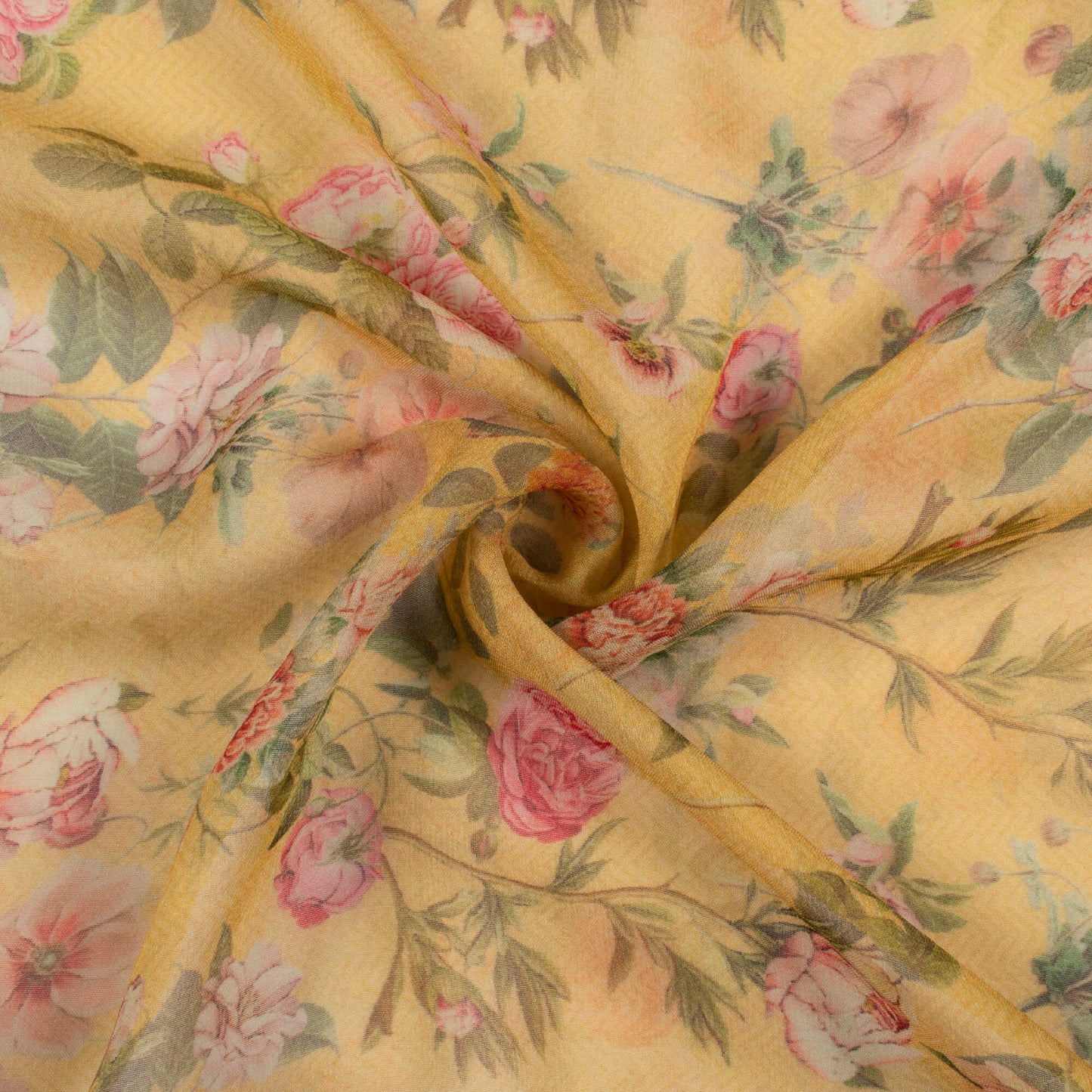 Dijon Yellow And Pink Floral Pattern Digital Print Pure Georgette Fabric
