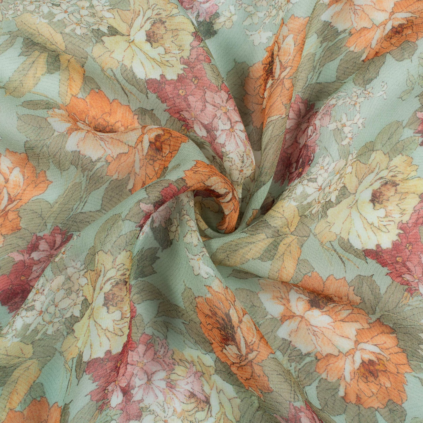 Laurel Green And Cream Floral Pattern Digital Print Pure Georgette Fabric