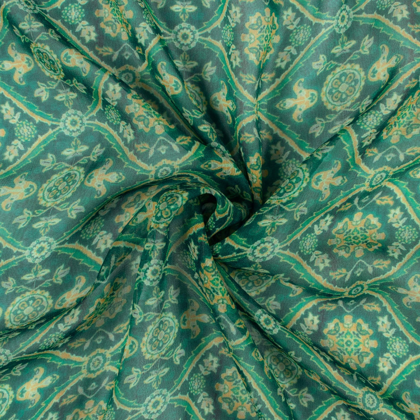 Pine Green And Yellow Trellis Pattern Digital Print Pure Georgette Fabric