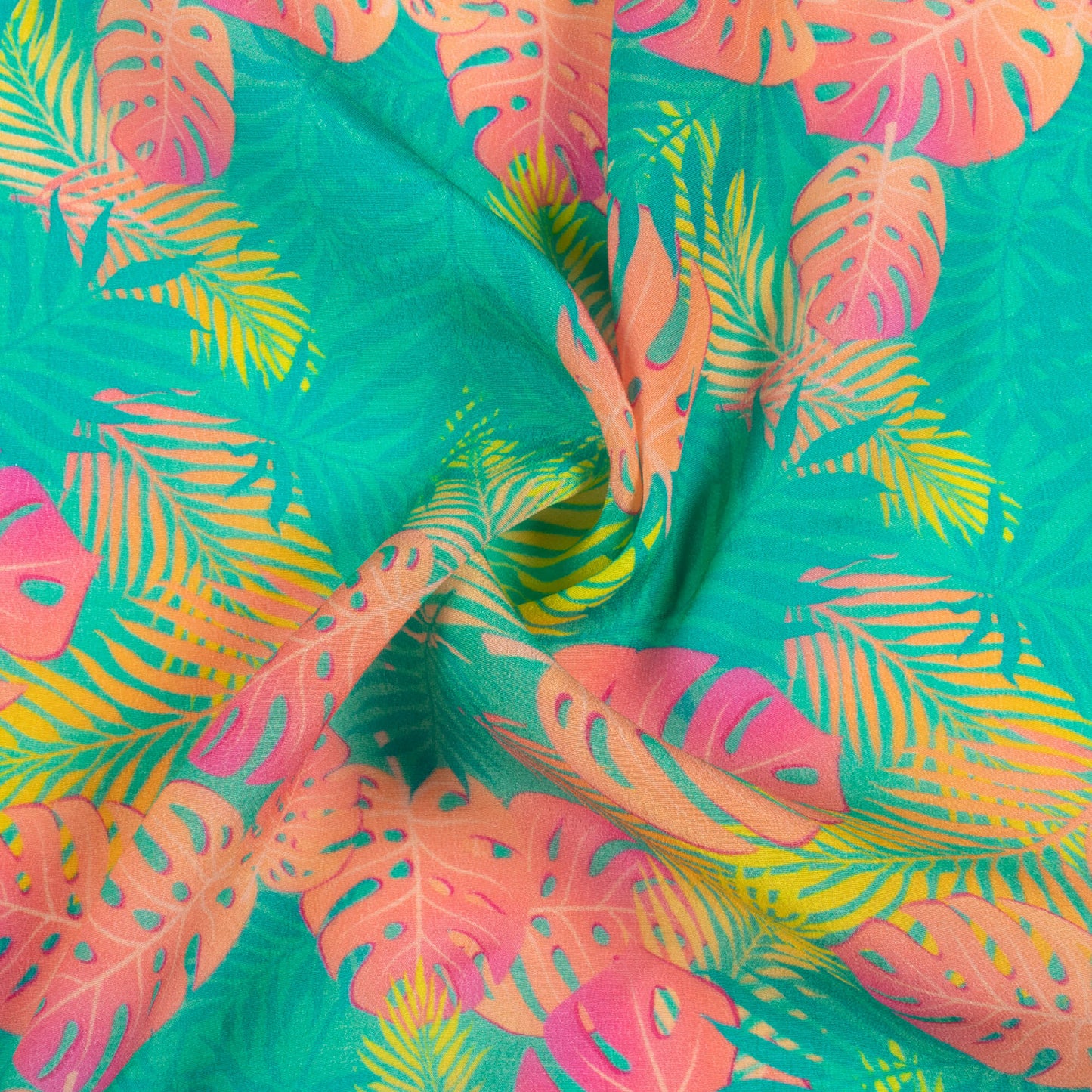 Sea Green And Salmon Pink Leaf Pattern Digital Print Viscose Natural Crepe Fabric