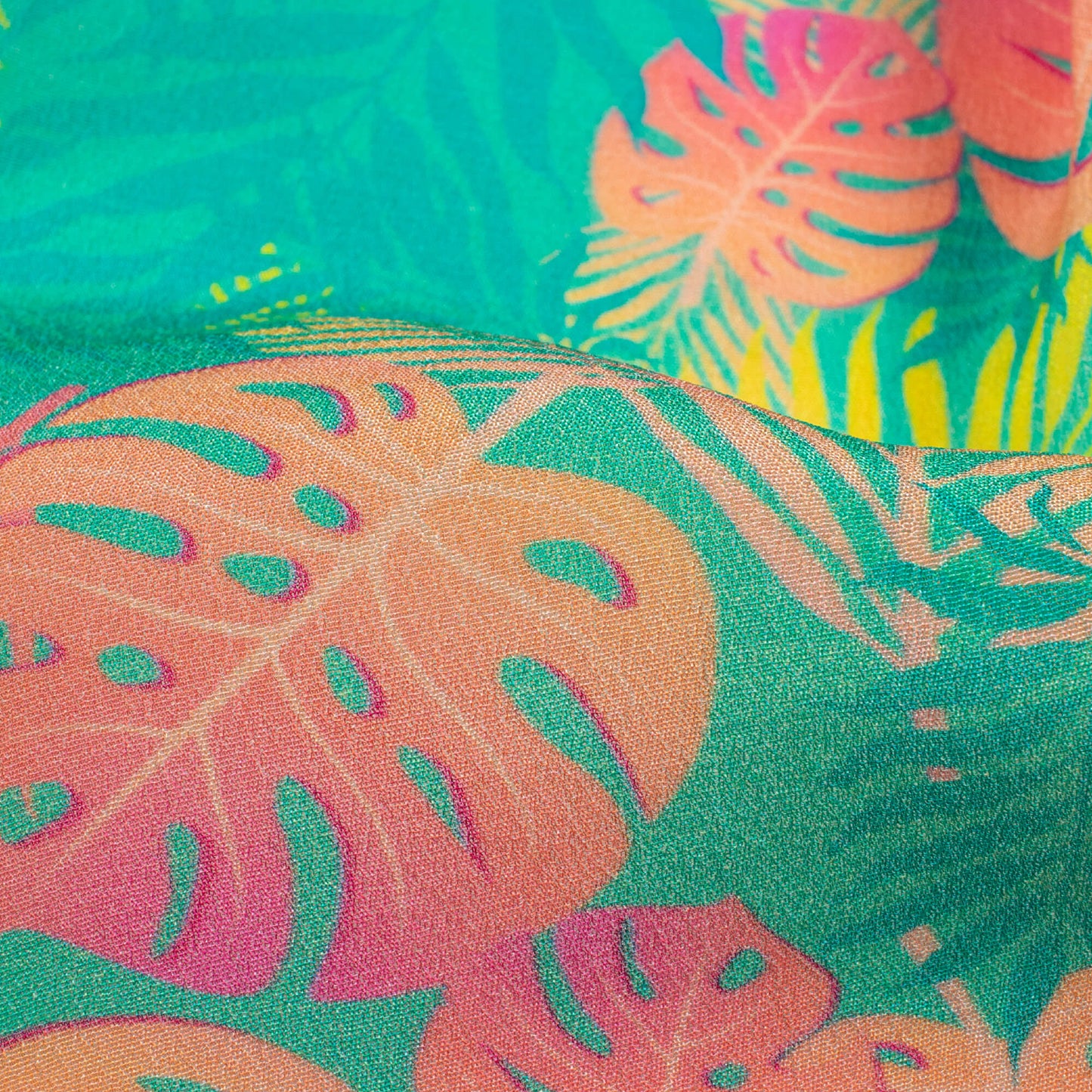 Sea Green And Salmon Pink Leaf Pattern Digital Print Viscose Natural Crepe Fabric